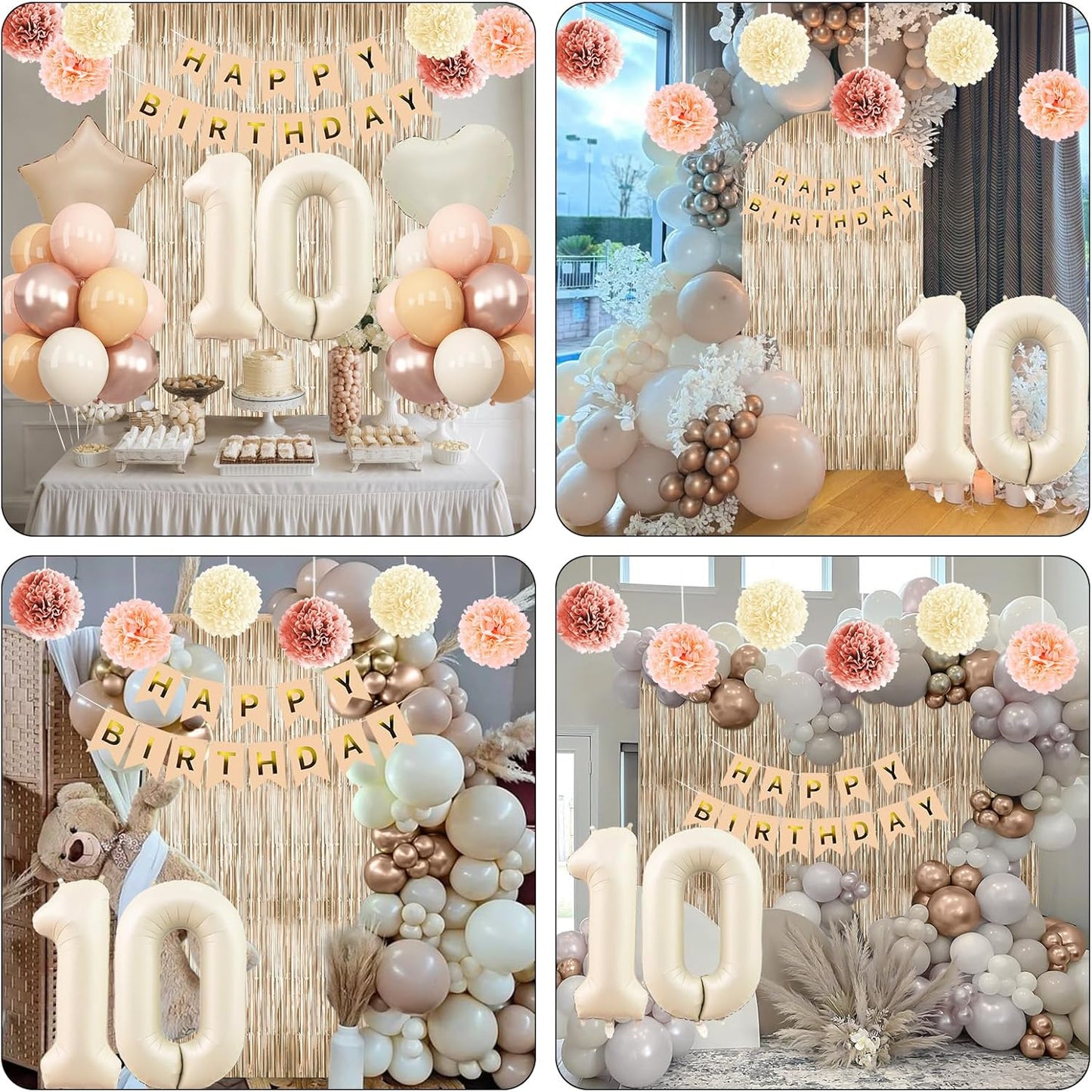Beige 10th Birthday Decorations Girls Boys Cream Number 10 Balloon Nude Gold Happy Birthday Banner Fringe Curtain Paper Pom Poms Blush White Sand Champagne Star Foil Balloons Neutral Boho Party Decor