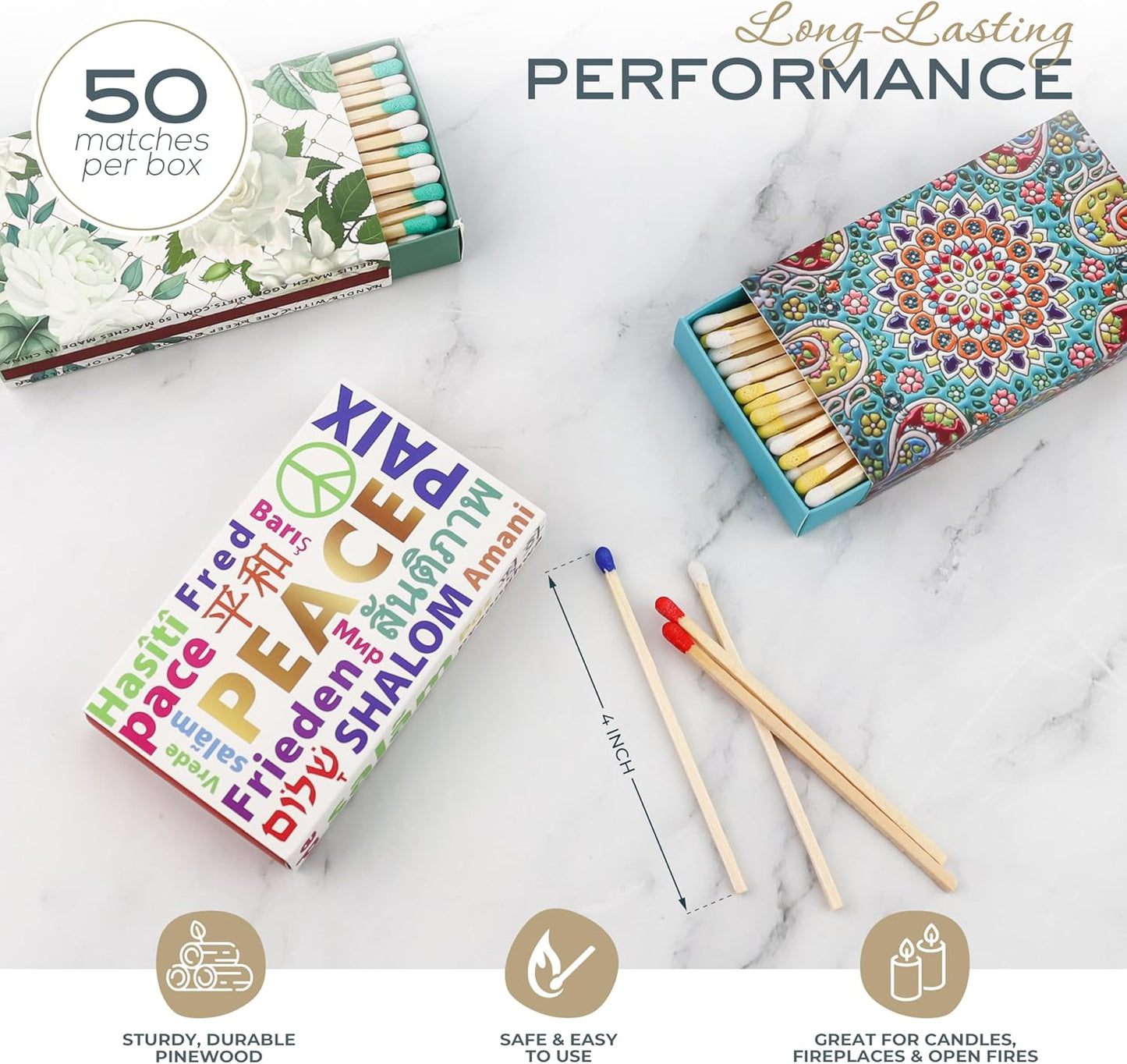 Decorative Matches Box -4-Inch Long Matches for Candles with Strike - Wooden Colorful Candle Sticks with Rainbow Tips - 50 Pc Match Sticks - Matchbox Designs of Your Choice (4 Unique Box Designs)