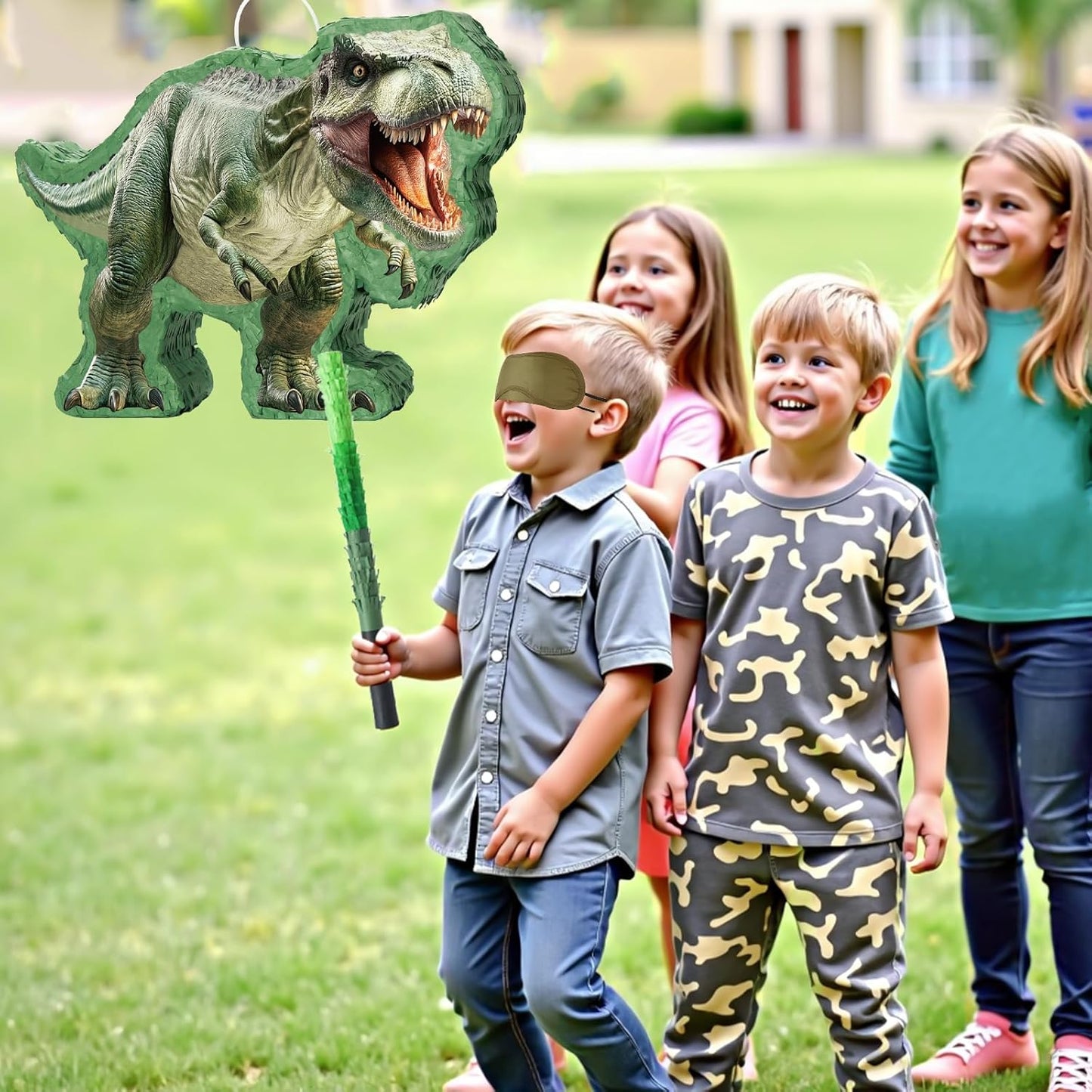 WERNNSAI Dinosaur Piñata - Jungle Dinosaur Piñata Bundle with Blindfold and Bat for Kids Boys Jungle Dinosaur World Birthday Party Decorations Family Games Dino Theme Party Supplies