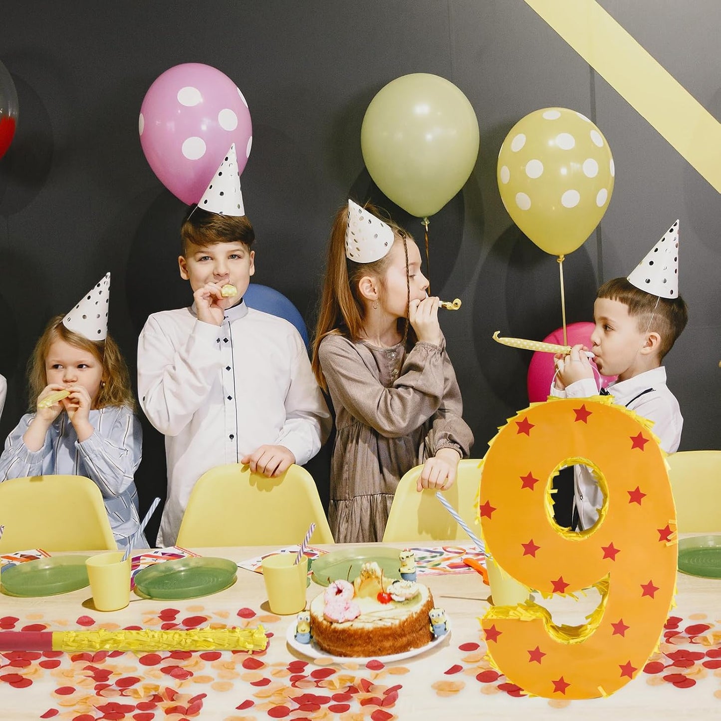 Orange and Red Star Number 9 Pinata, 16 Inch Piñata for 9th Birthday Party Decorations with Stick, Blindfold and Confetti (15.7 inch Number 9 Pinata)