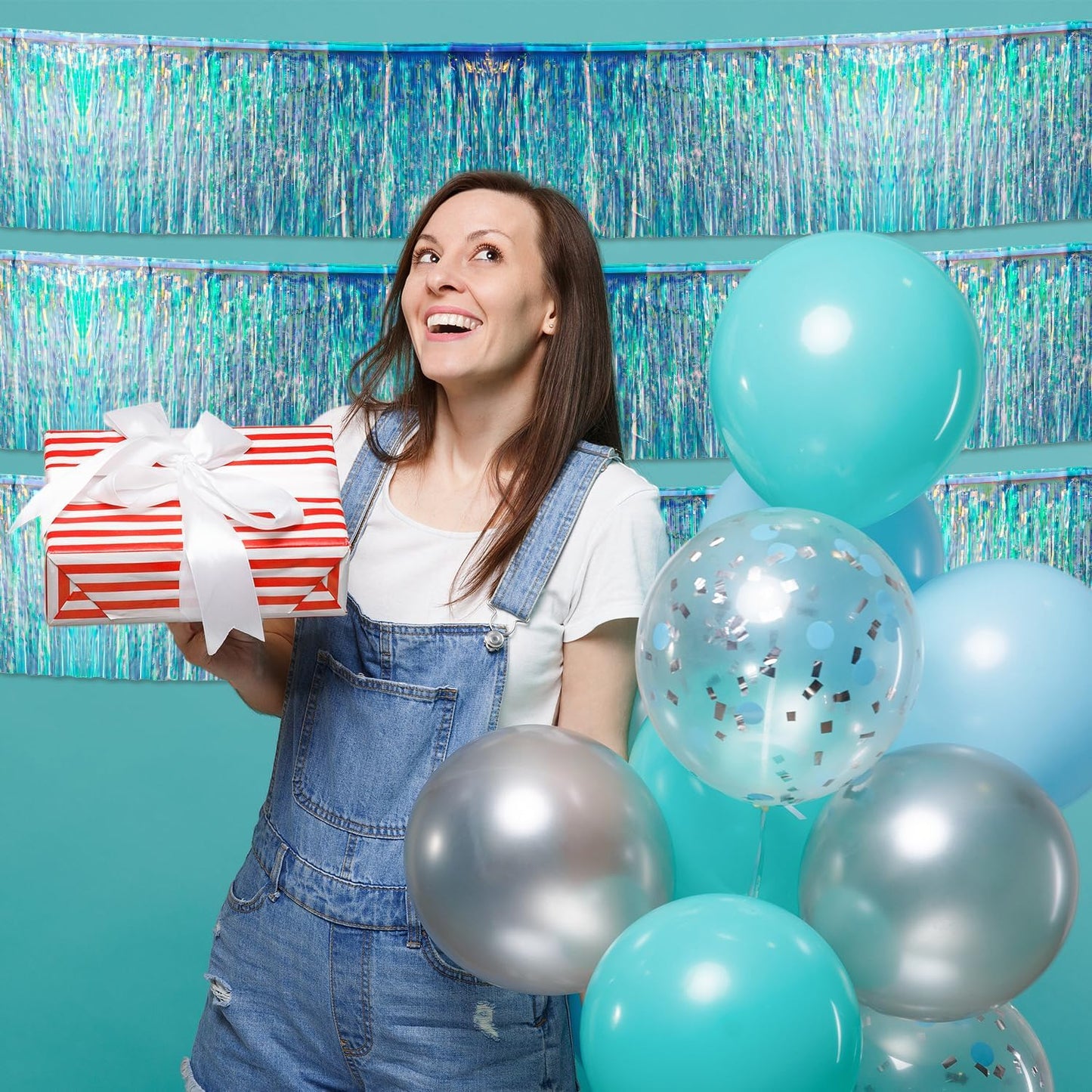 Iridescent Birthday Decorations Tinsel Garland Parade Float Decorations for Trailer 4Pack 12FT Christmas Party Decor Ceiling Fringe Banner Silver Backdrop for Streamers Party Decorations