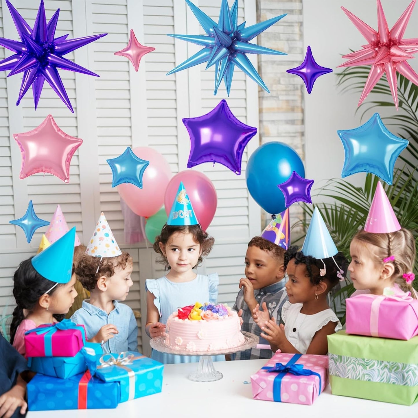 16 Pcs Pink Purple Blue Star Balloons, 22/18/10 Inch Foil Balloons, Four-Pointed Balloon for Girl Princess Mermaid Birthday Baby Shower Party Decorations