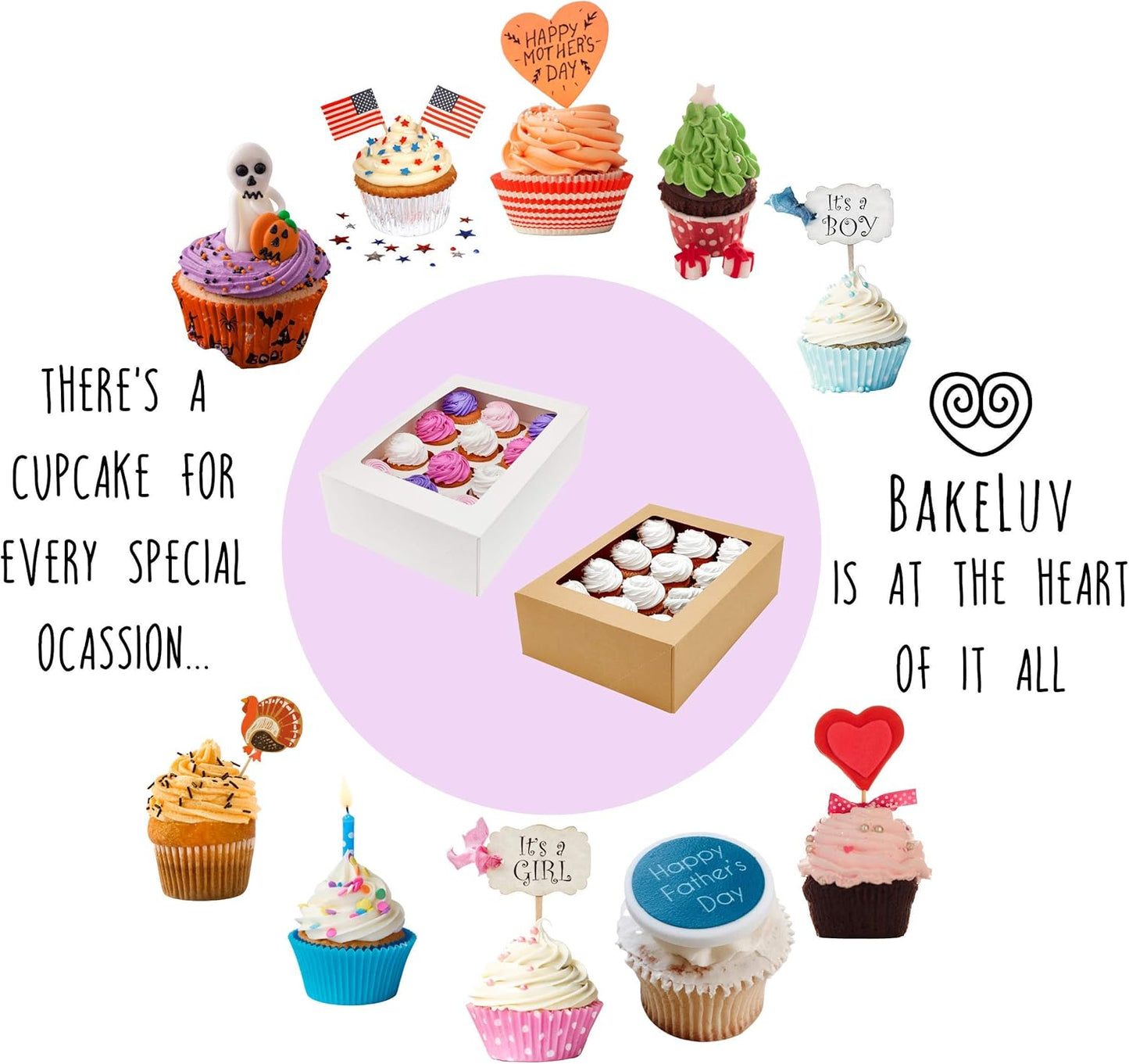 BAKELUV Brown 12 Cupcake Boxes, Cupcake Containers | 13x9.5x4, 12 Pack | 12 Cupcake Box Bulk, Cupcake Boxes 12 Count Carrier, Option to 14x10x4 Bakery Boxes with Window, ¼ Sheet Cake Box 13x9 Inches