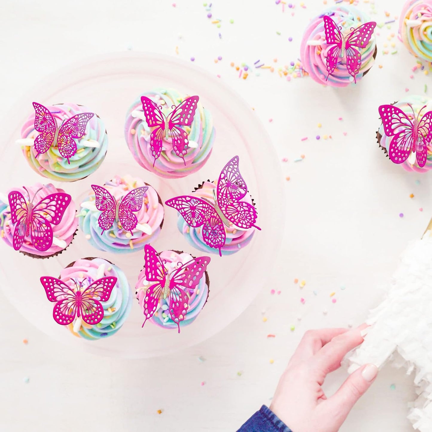 Gyufise 36 Pack Laser Purple Red Glitter 3D Butterfly Cupcake Toppers Hollow Cake Decorations for Birthday Wedding Fairy Party Wall Sticker Decal