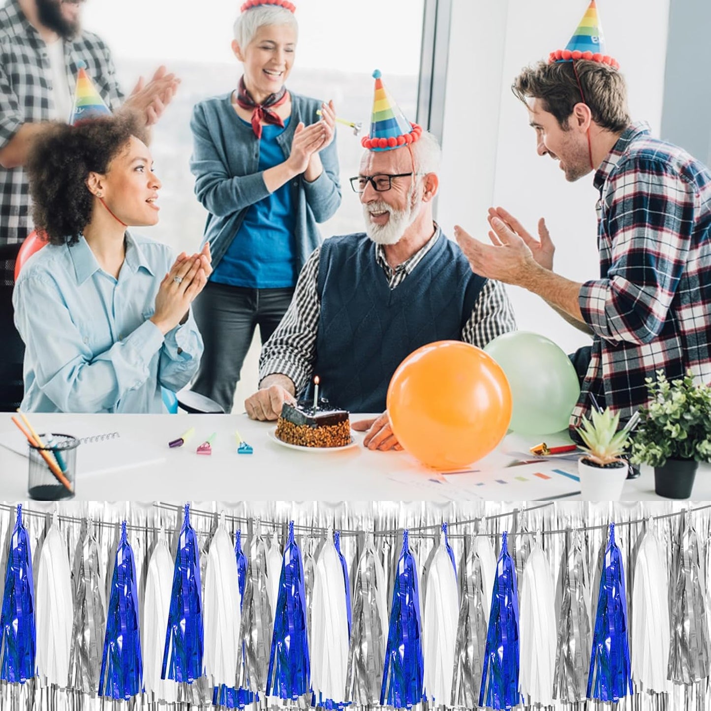 8P Navy-Blue White-Silver Tassel Garland Banner, Tassels Banner Streamers for Parade Floats, Bachelorette, Wedding, Birthday, Halloween, Christmas, Bridal/Baby Shower Gratulations Party Decorations