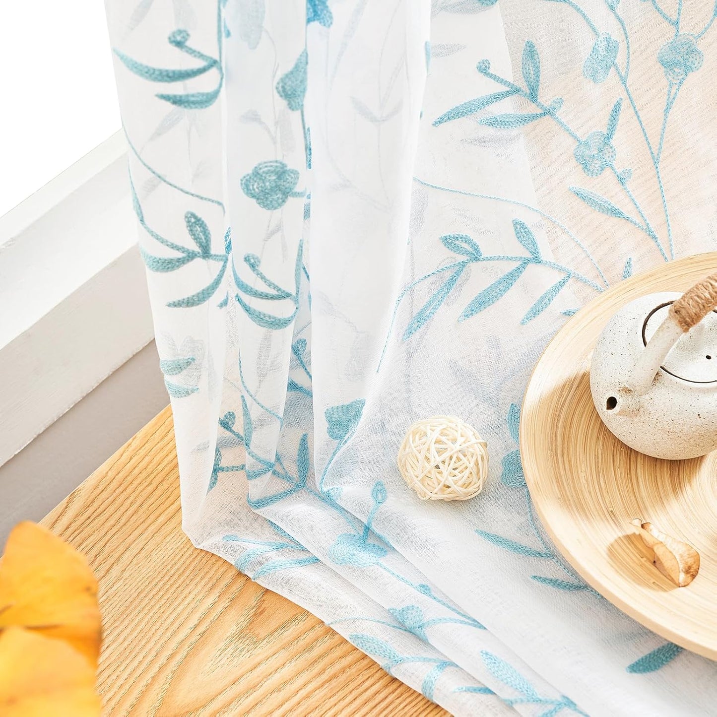 White Embroidery Sheer Curtains White-Blue 95 Inches, Floral Window Treatments Rod Pocket Drapes for Living room, Bedroom, Semi Voile Curtain Panels for Yard, Patio, Villa, Parlor, Set of 2, 52"x 95".