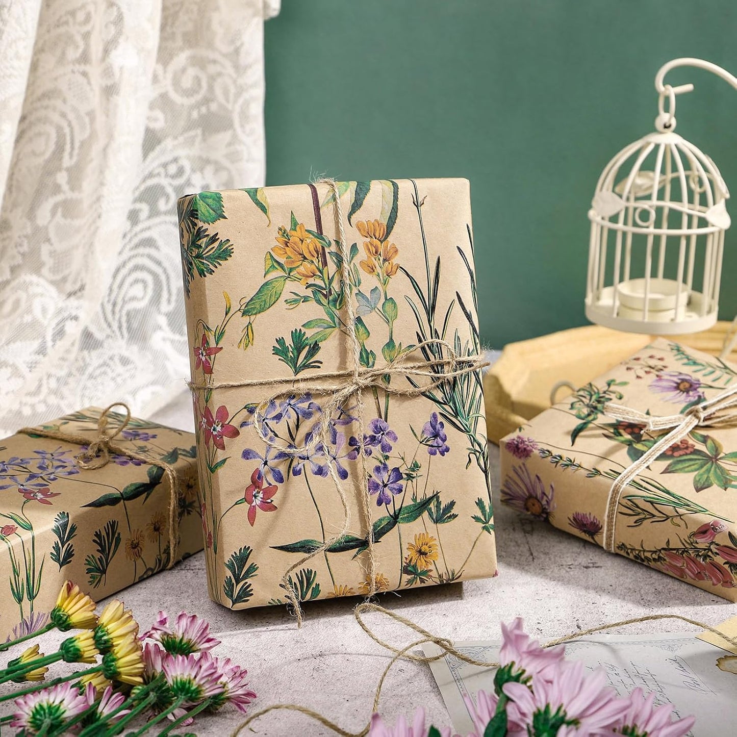 RUSPEPA 30" X 32.8' Wildflower Floral Wrapping Large Kraft Paper Roll for Women, Jumbo Roll, Herbal Kraft Wrapping Paper for Christian Gifts, Birthdays, Weddings, Bridal Shower, Engagement, 82 sq.ft