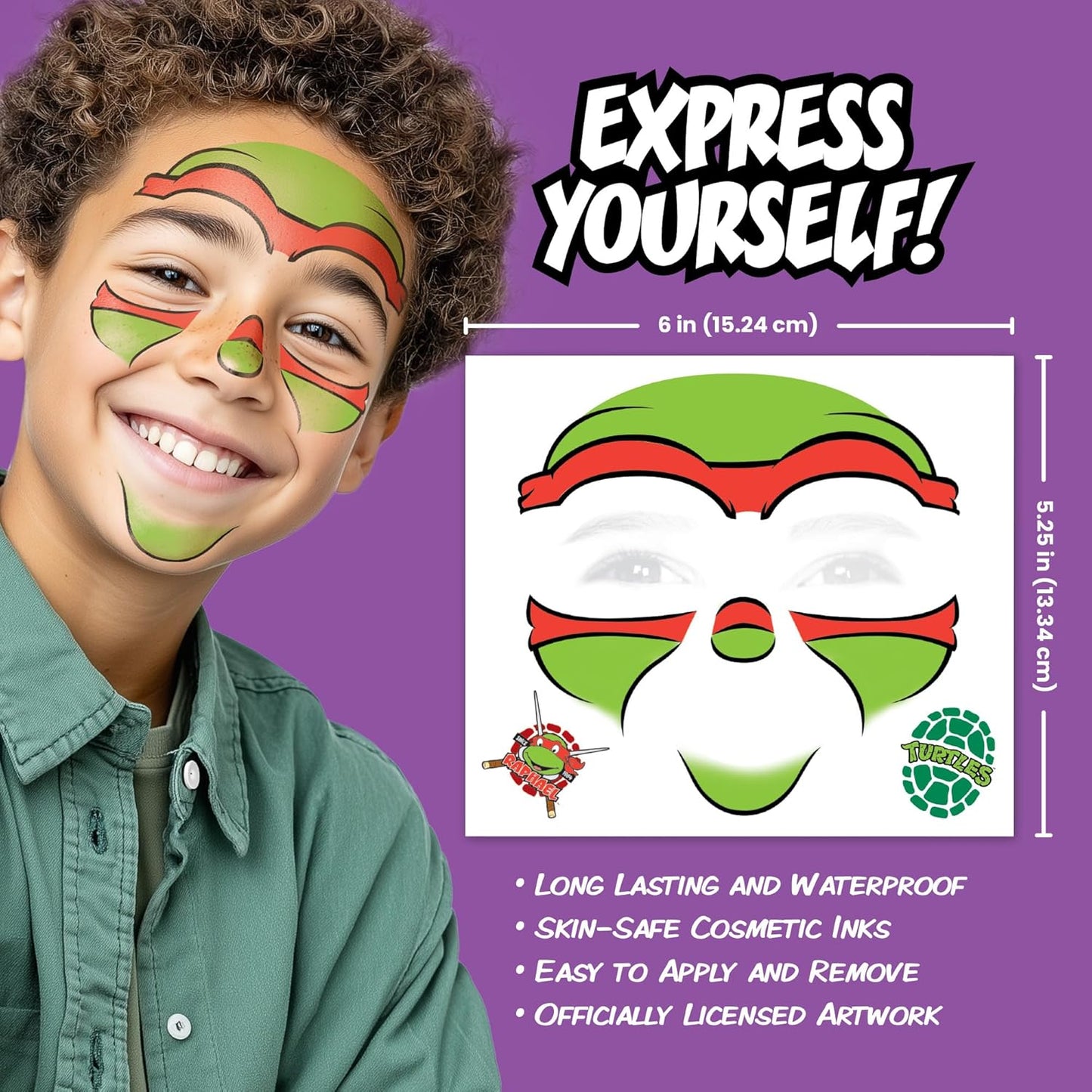 Teenage Mutant Ninja Turtles Costume Face Tattoos – Temporary Tattoo Set for Kids Featuring Leonardo, Donatello, Michelangelo & Raphael, Easy Halloween Costume Accessory, Non-Toxic & Skin-Safe