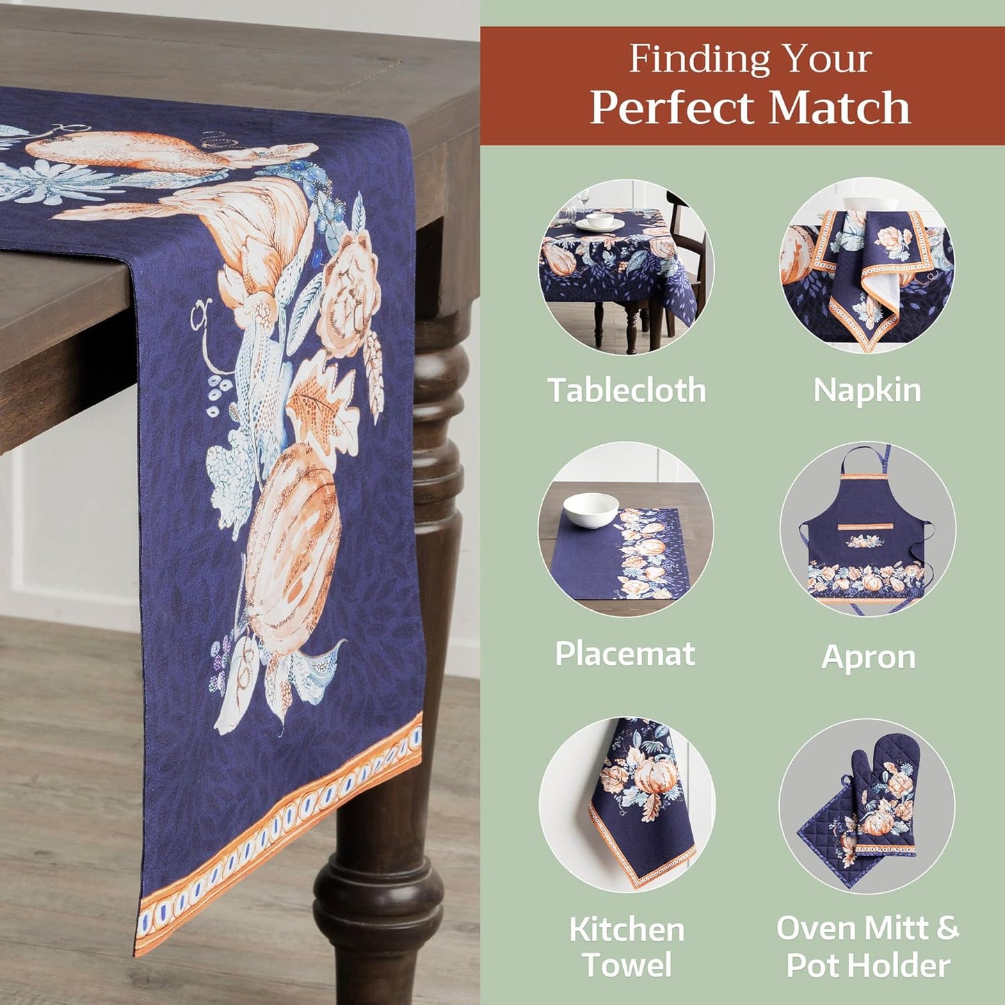 Maison d' Hermine Table Runner 100% Cotton Single Layer Table Runners 72 inches Long for Thanksgiving Christmas Decorations Home Kitchen Dining Party Wedding (Pumpkin Blues, 14.5" x 72")