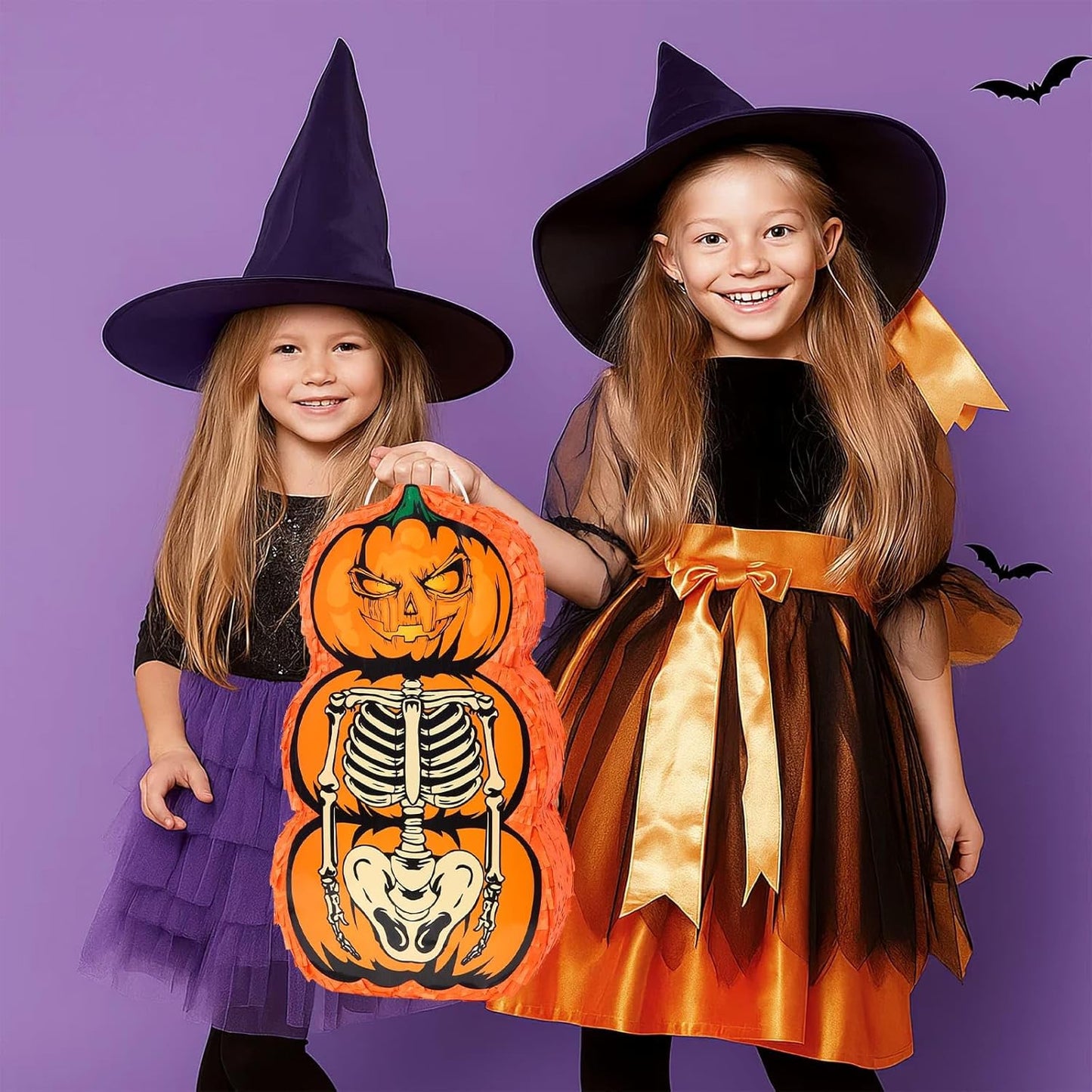 WERNNSAI Halloween Skull Piñata - Pumpkin Skull Pinata Halloween Wicked Pumpkin Party Pinata Games for Kids Weird Theme Party Jack o Lanterns Decorations with Bat Blindfold