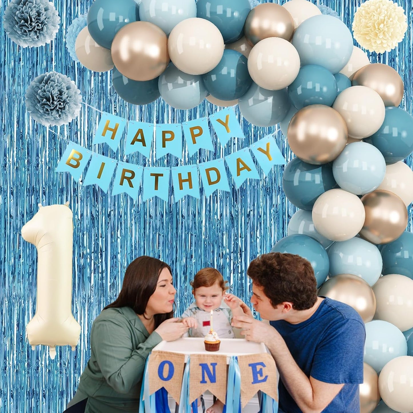 Dusty Blue 1st Birthday Decorations Beige Cream Number 1 Balloon with Blue Gold Happy Birthday Banner Fringe Curtain Paper Pom Poms Nude White Sand Champagne Star Foil Balloons Party Decor