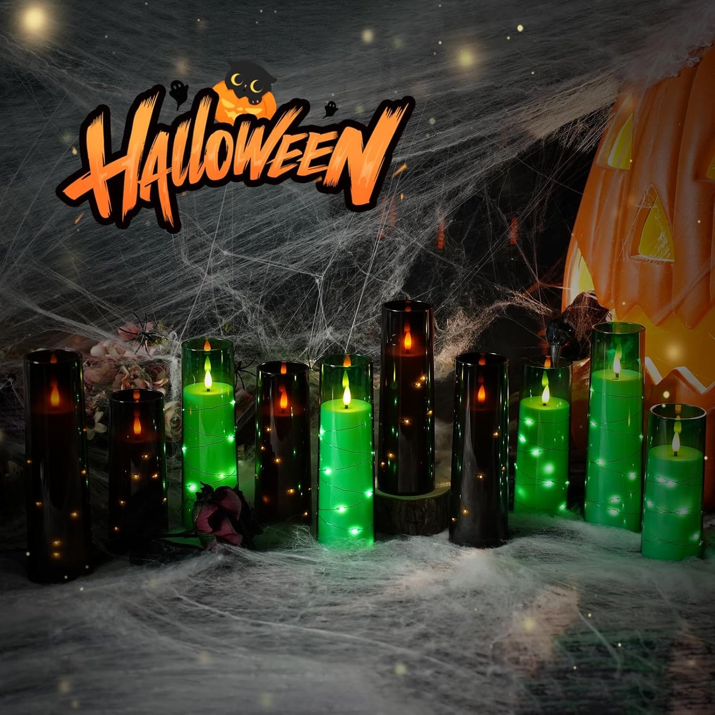 Flameless Candles with Embedded Star String - Battery Operated LED Candles, with Remote,12 Black Flickering Candles for Christmas, Weddings, Home Decor & Party,(D 2.3"×H 5" 6" 7")