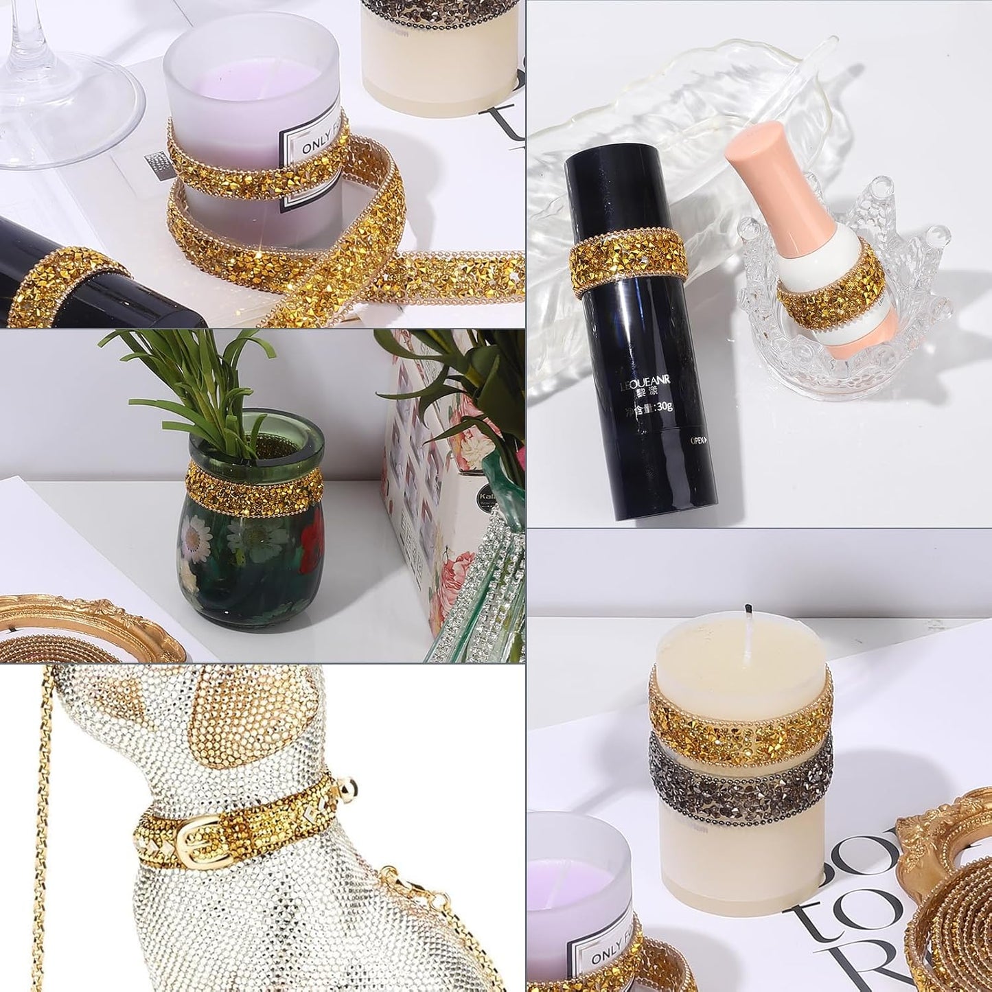 Rhinestone Ribbon 3 Yards Self Adhesive Rhinestone Strips Diamond Ribbon Sticker Crystal Roll Glitter Bling Rhinestones Tape for Crafting DIY Art Decoration (Gold,0.6 Inch)