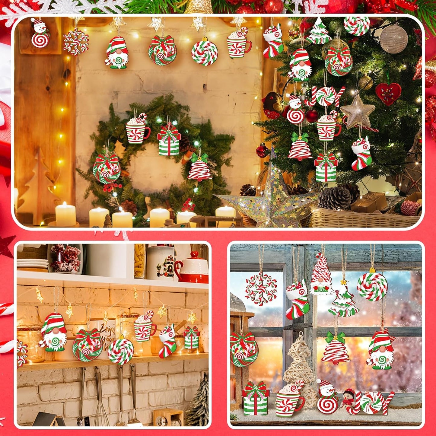 Suzile 36 Pcs Christmas Wooden Ornaments Peppermint Ornaments for Tree Vintage Christmas Decor Red and Green Candy Cane Tree Decorations Xmas Hanging Wood Cutouts Decor for Home Winter Party Wreaths