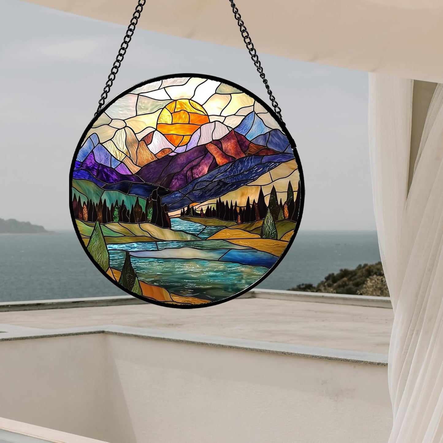 Stained Glass Window Hanging, Blue Lake Golden Sun Abstract Mountains Landscape Suncatcher for Doors Window Home Sun Catchers Decor Mother's Day Birthday Gifts for Women Men Mom 11.8 in