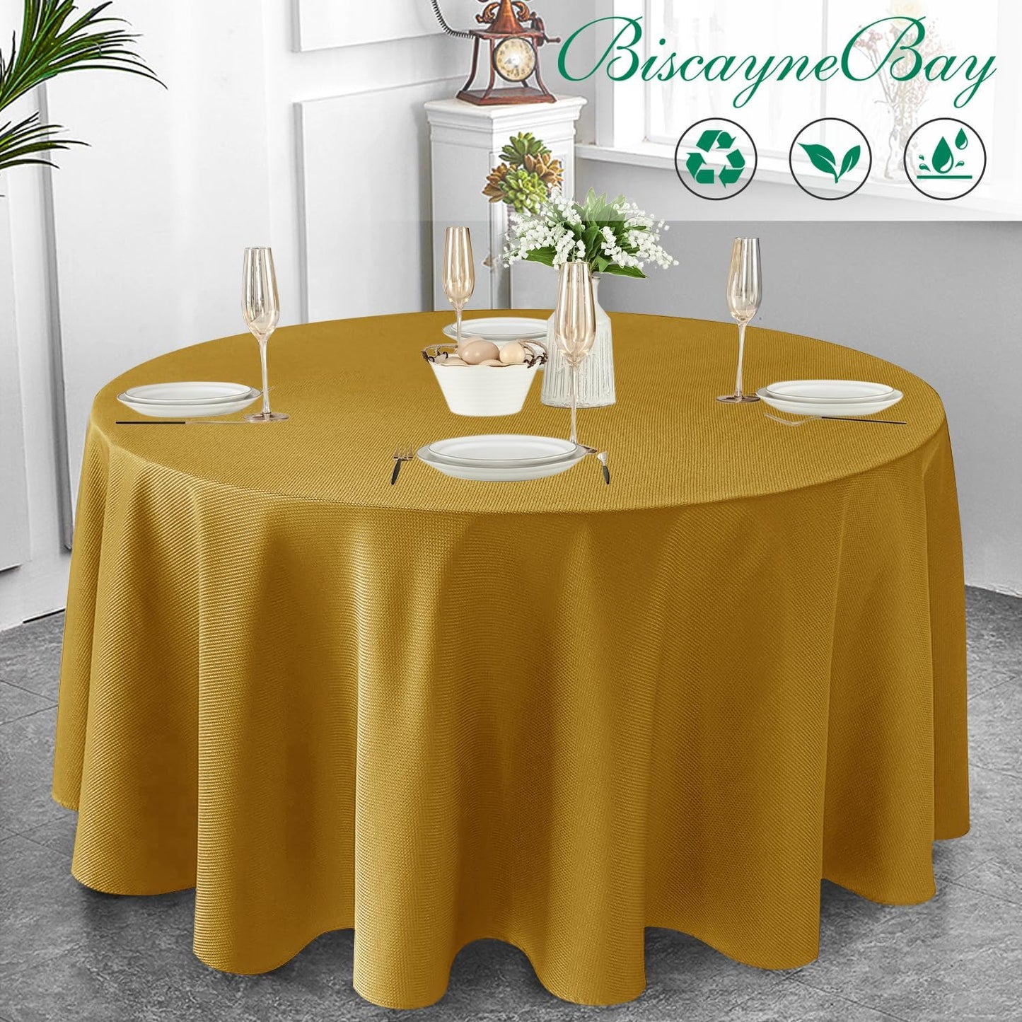 Biscaynebay Textured Fabric Round Christmas Table Cloths 108", Gold Water Resistant Table Covers for Dining, Kitchen, Wedding, Parties etc. Machine Washable