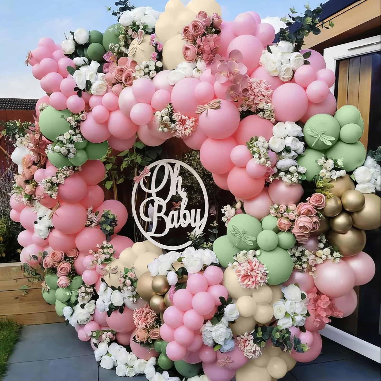 Pink and Green Balloons, Sage Green White Sand Party Balloons Chrome Metallic Gold Balloons Green Pink Latex Balloons for Kids Adults Boho Birthday Jungle Safari Party Wedding Baby Shower Graduation