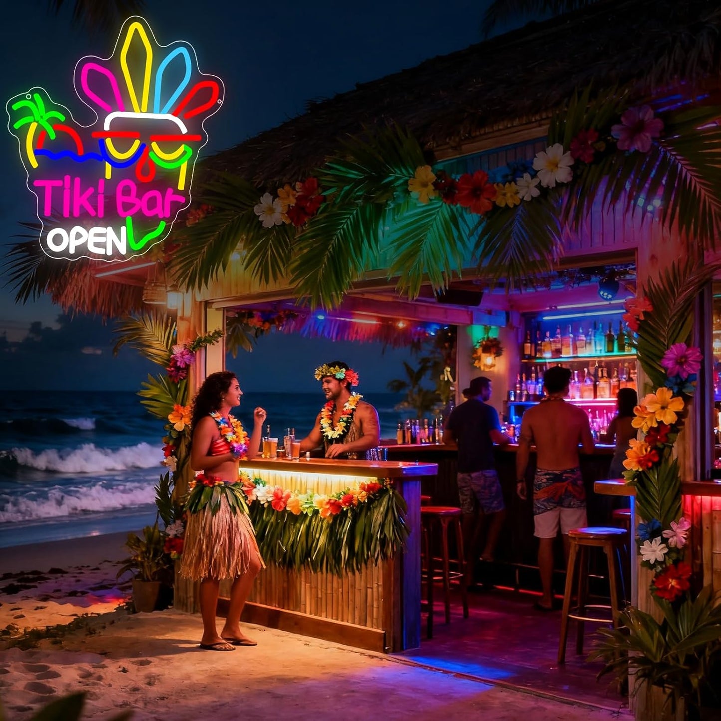 Tiki Bar Neon Sign, Tiki Bar Open Led Neon Light Signs for Wall Decor Hawaii Tropical Luau Aloha Party Outdoor Decorations for Pub Bistro Night Club Home Man Cave Dimmable USB Powered(13.8" × 12.2")