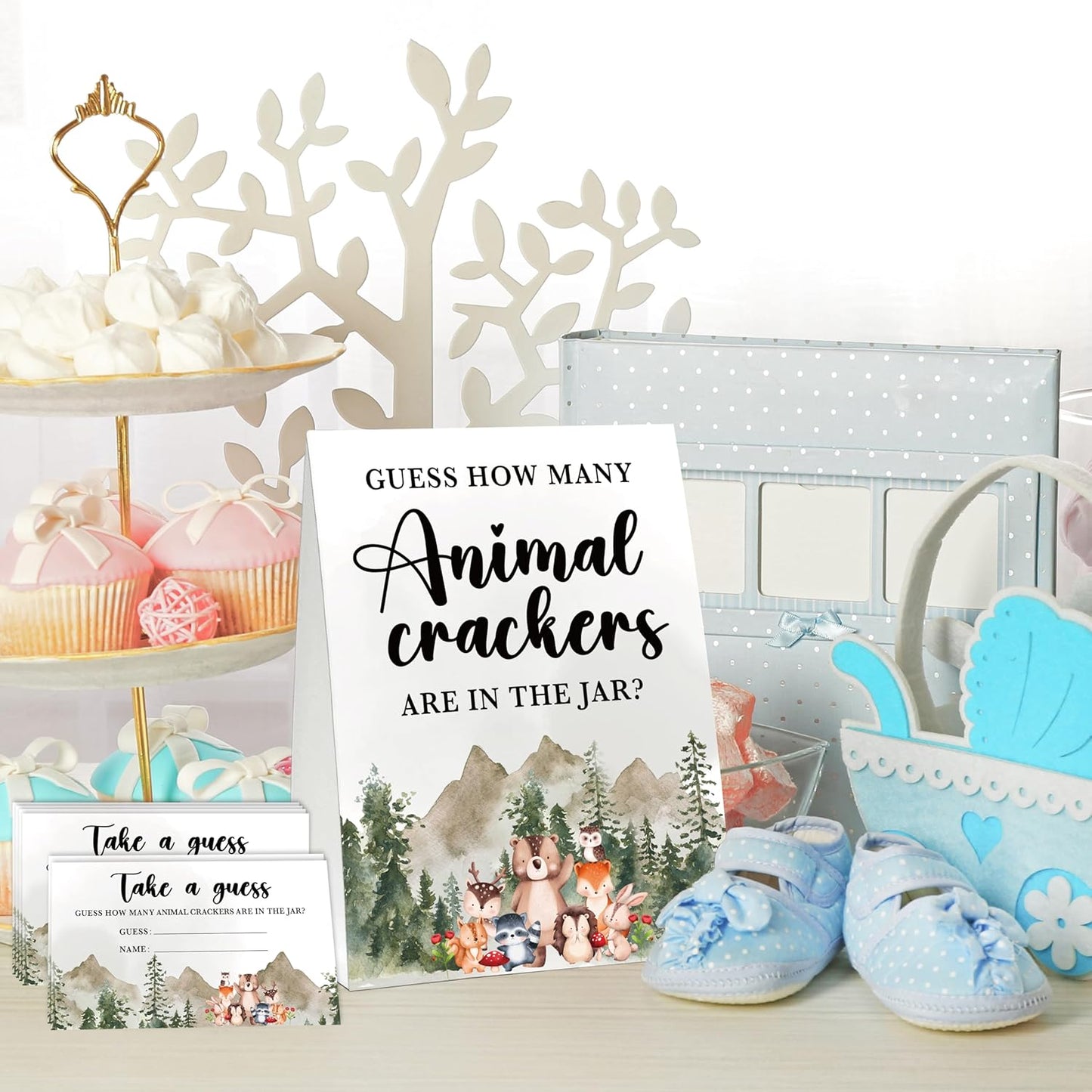 Woodland Baby Shower Game, Guess How Many Animal Crackers, Jungle Animal Safari 1 Standing Sign with 50 Cards for Gender Neutral Baby Shower - A01
