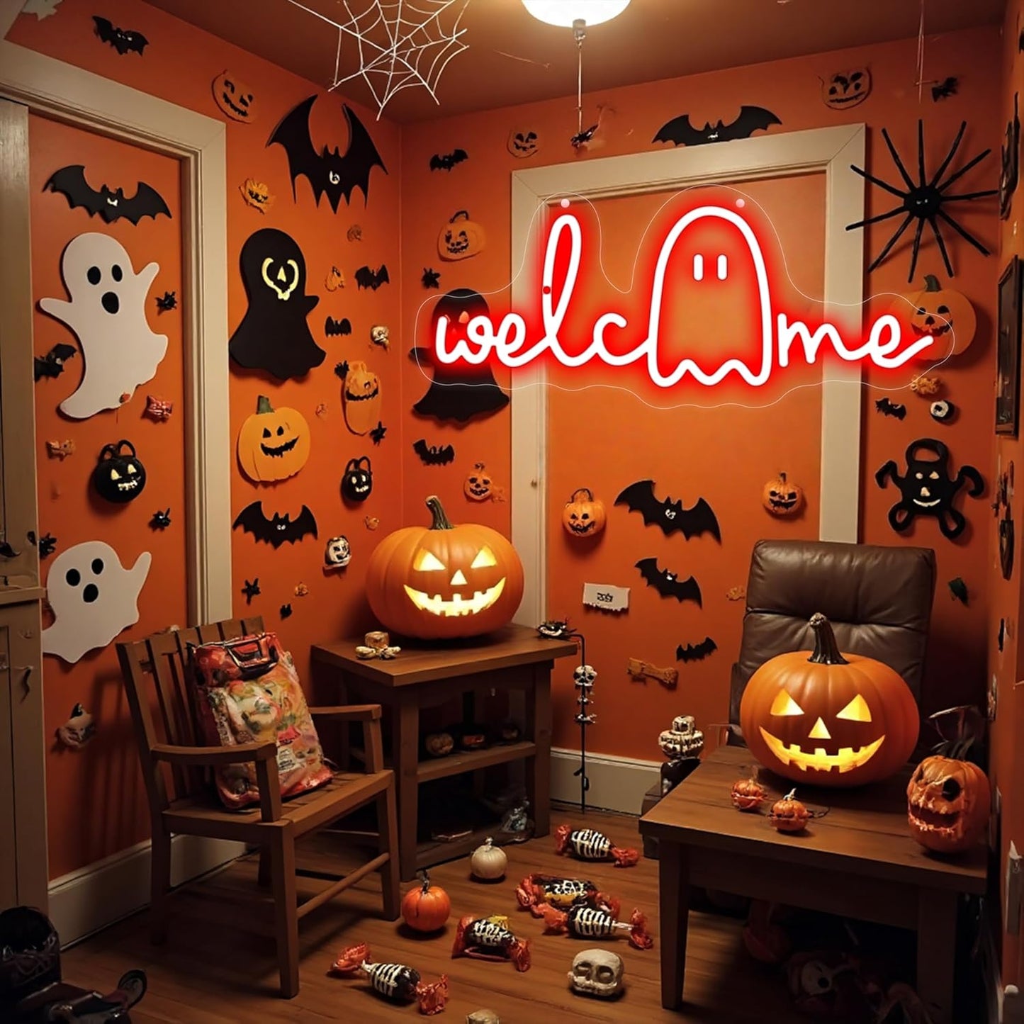 Halloween Welcome Ghouls Neon Sign, Spooky Ghost LED Halloween Decor, Haunted House Entryway Light, Available Gothic Haunted Mansion Light for Bedroom Bar Cave Room Decor Party Home-Red