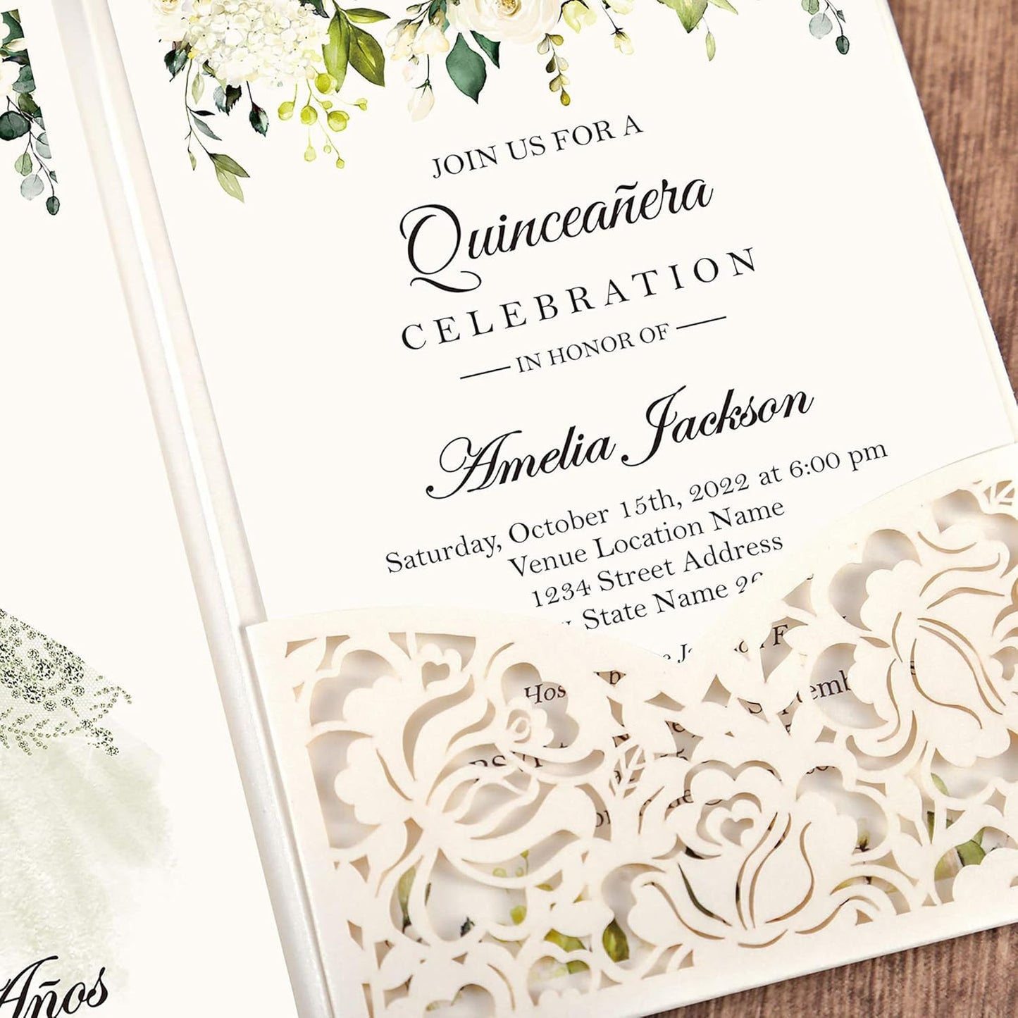 DORIS HOME 50pcs Laser Cut Quinceanera Invitations Green and Ivory White, 4.7x7.1 Personalized Quince Invitations for 15th Birthday, Invitation cards for Sweet 16 with Envelopes
