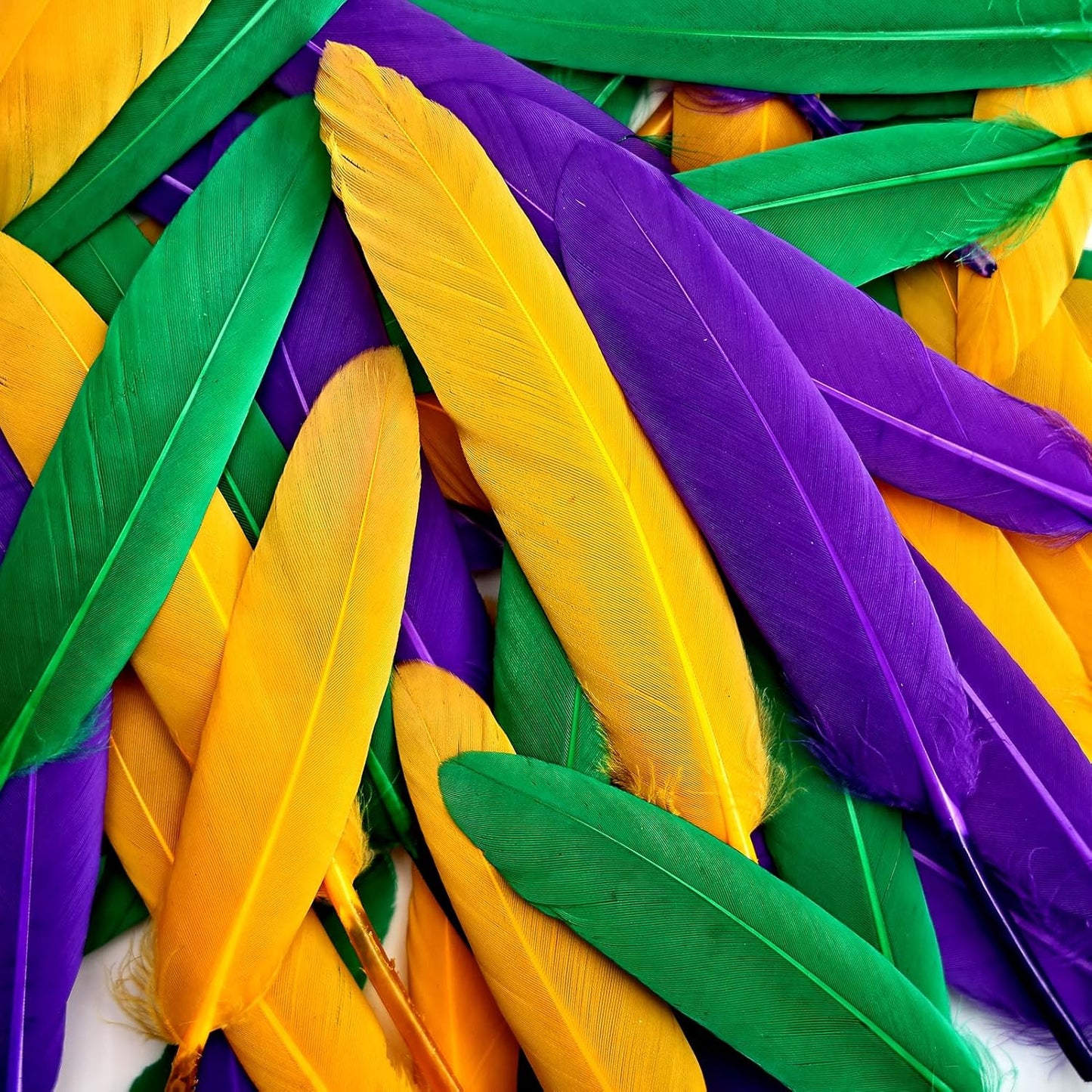 FeelfunFeather 120pcs Mardi Gras Goose Cochettes Feather 4-6 inch Decorative Colorful Purple Golden Yellow Green Feathers Bulk for DIY Crafts Masquerade Carnival Party Decoration
