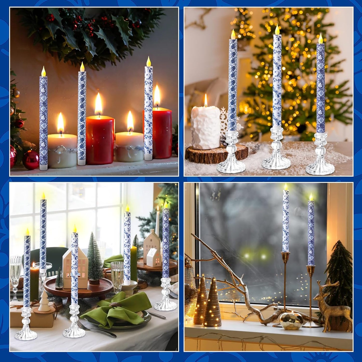Baquler 6 Pcs Christmas Chinoiserie Flameless Candles 10.6 Inch Blue and White Battery Operated Led Candlesticks Chinoiserie Decor for Christmas Centerpiece Xmas Party Decor Holiday Gifts