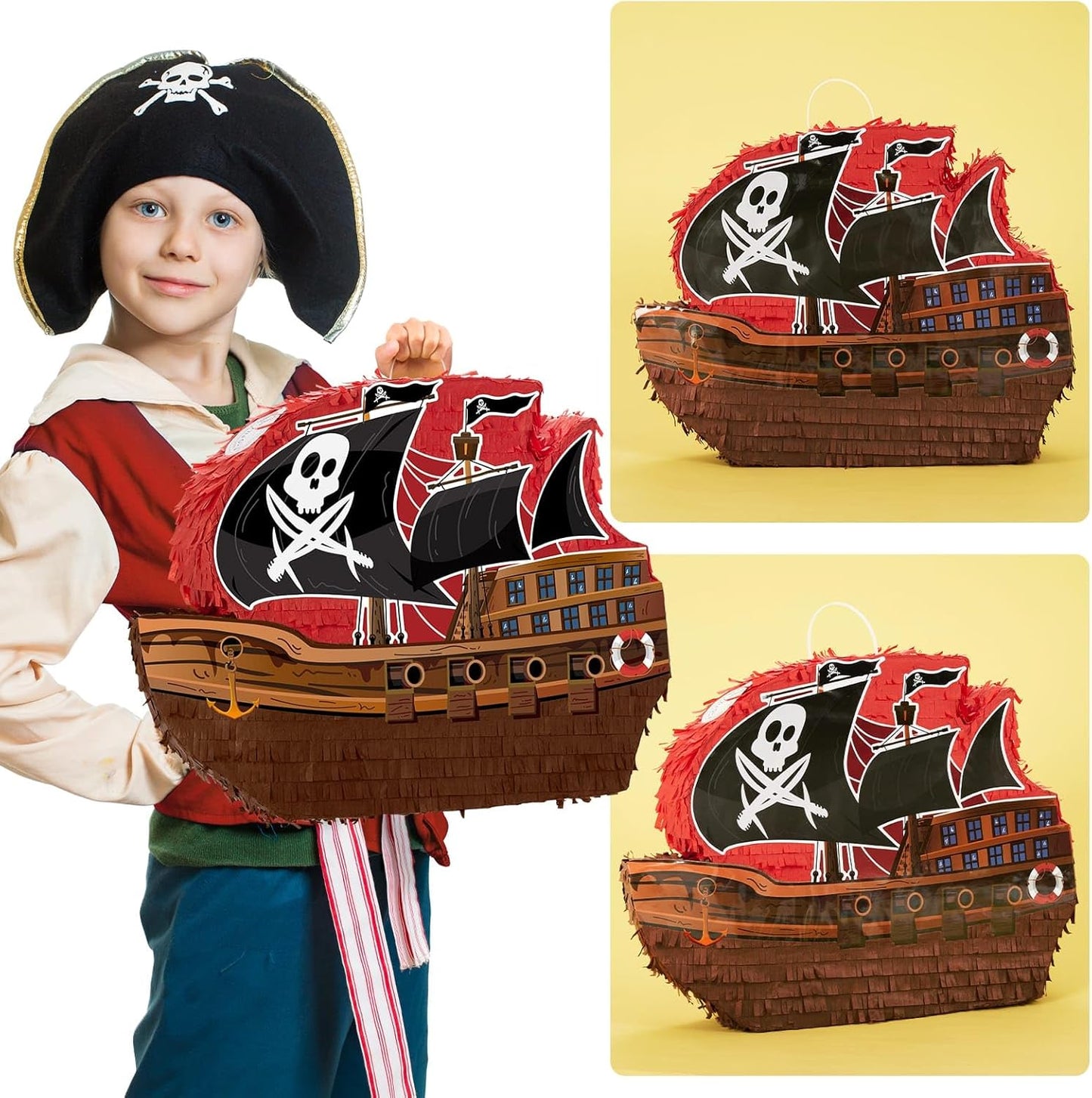 WERNNSAI Pirate Piñata - Pirate Ship Piñata with Blindfold and Bat for Boys Kids Caribbean Pirate Piñata Birthday Party Favors Decorations Family Games Pirate Party Supplies 16.4” x 12.4”