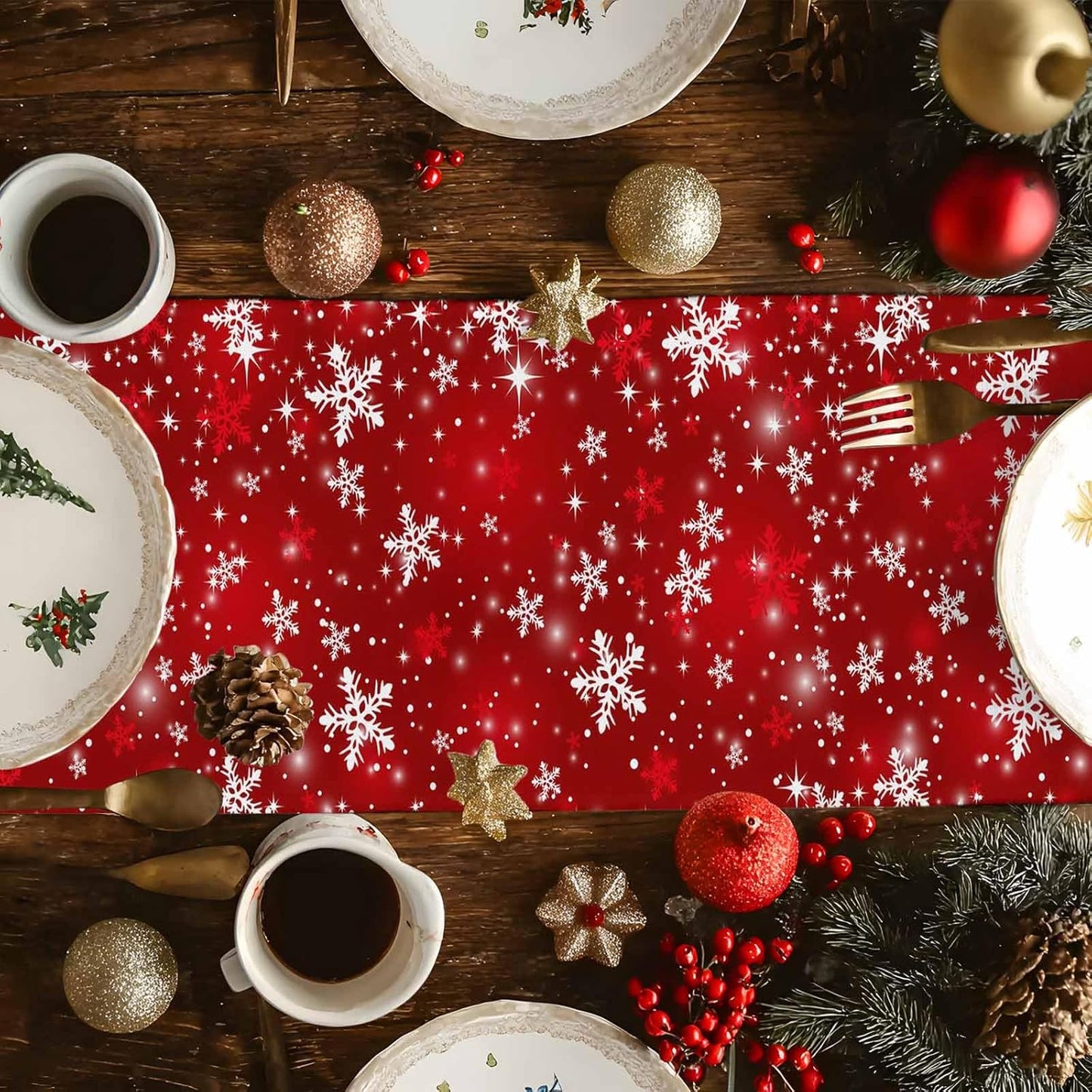 Christmas Snowflakes Cotton Linen Table Runner for Dining Kitchen, Red Xmas Winter Snow Wedding Outdoor Party Tablerunners Decoration, New Year Dresser Scarf Coffee Tablecloth Runners 13x72 Inches