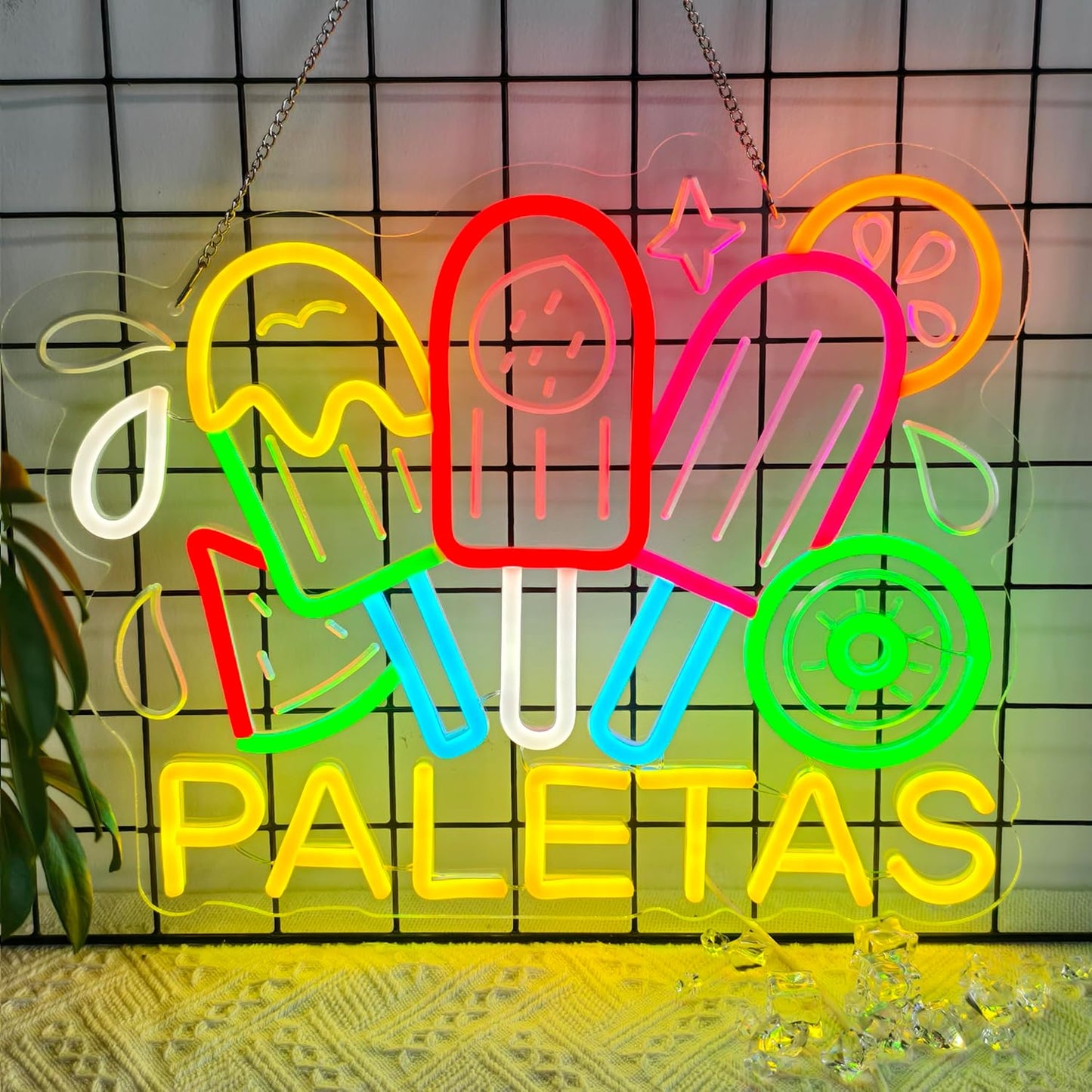 CNBEYOUNG Paletas Neon Sign, Neon Lights Hanging Wall Art Decoration for Mexican Restaurant Popsicle Ice Pop Shop Bar Kitchen Party Home Decor, USB - Driven, Super Bright & Adjustable,16x 12.6inches