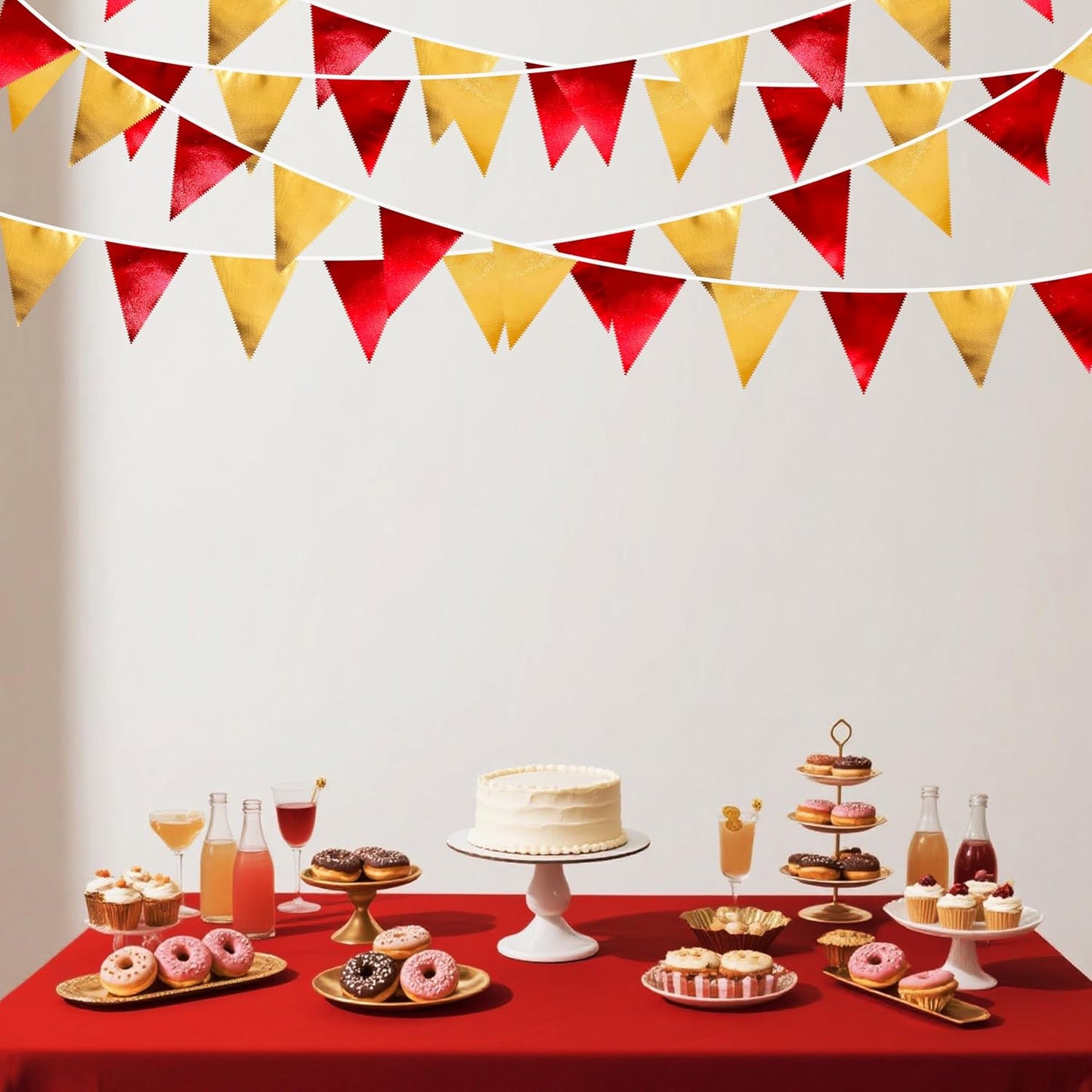 Red Gold Party Decorations Metallic Fabric Triangle Pennant Banner Flag Bunting Garland for Graduation Birthday Wedding Bachelorette Anniversary Baby Shower Christmas Holiday New Year Party Supplies