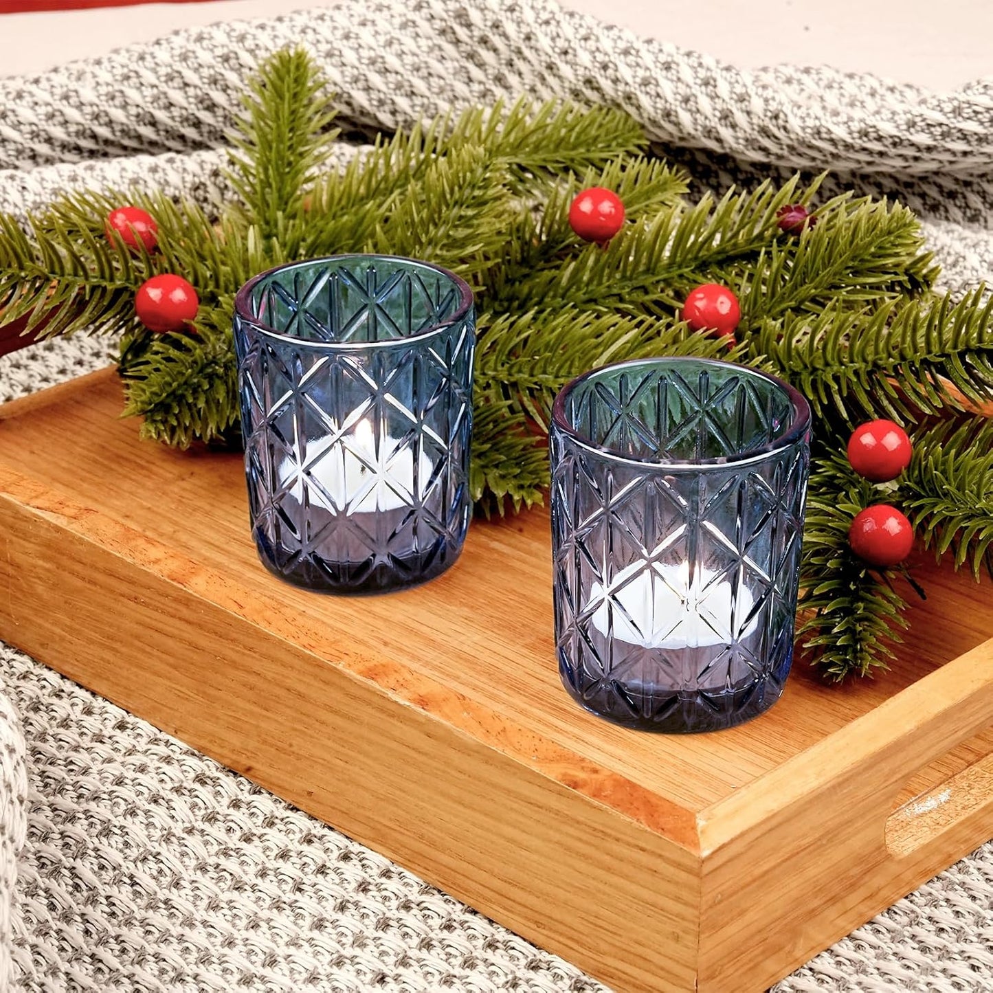 48pcs Blue Votive Tealight Candle Holders, Glass Tea Light Candle Holders for Table Centerpieces, Candle Holder for Wedding Decor, Gift, Home Decoration(Blue,48)