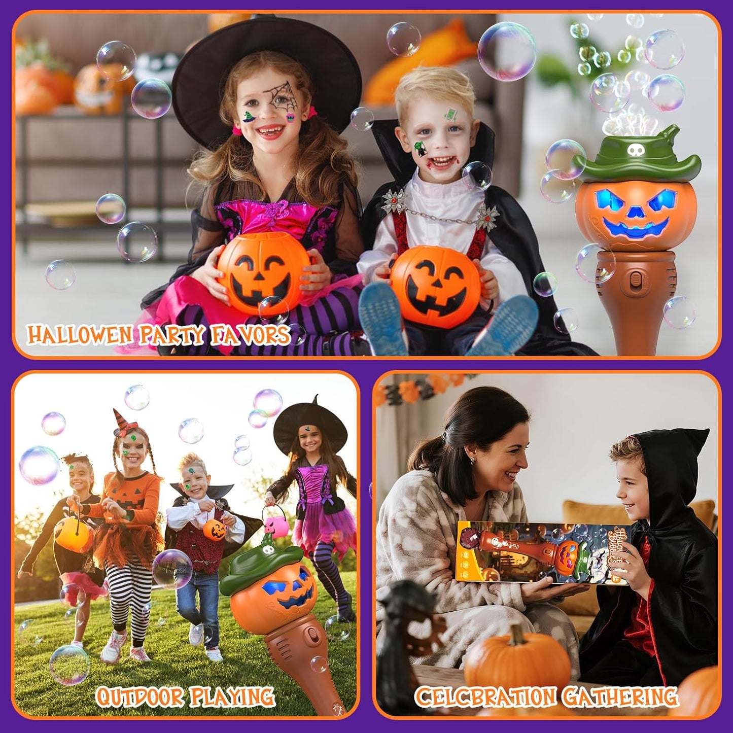 Halloween Bubble Machine Wand for Kids, Light up & Music Pumpkin Bubble Wand-1 Temporary Tattoos and 5 Bubble Solution, Halloween Boo Basket Stuffers for Toddlers Boys & Girls 3 4 5 6 7 8 + Years Old