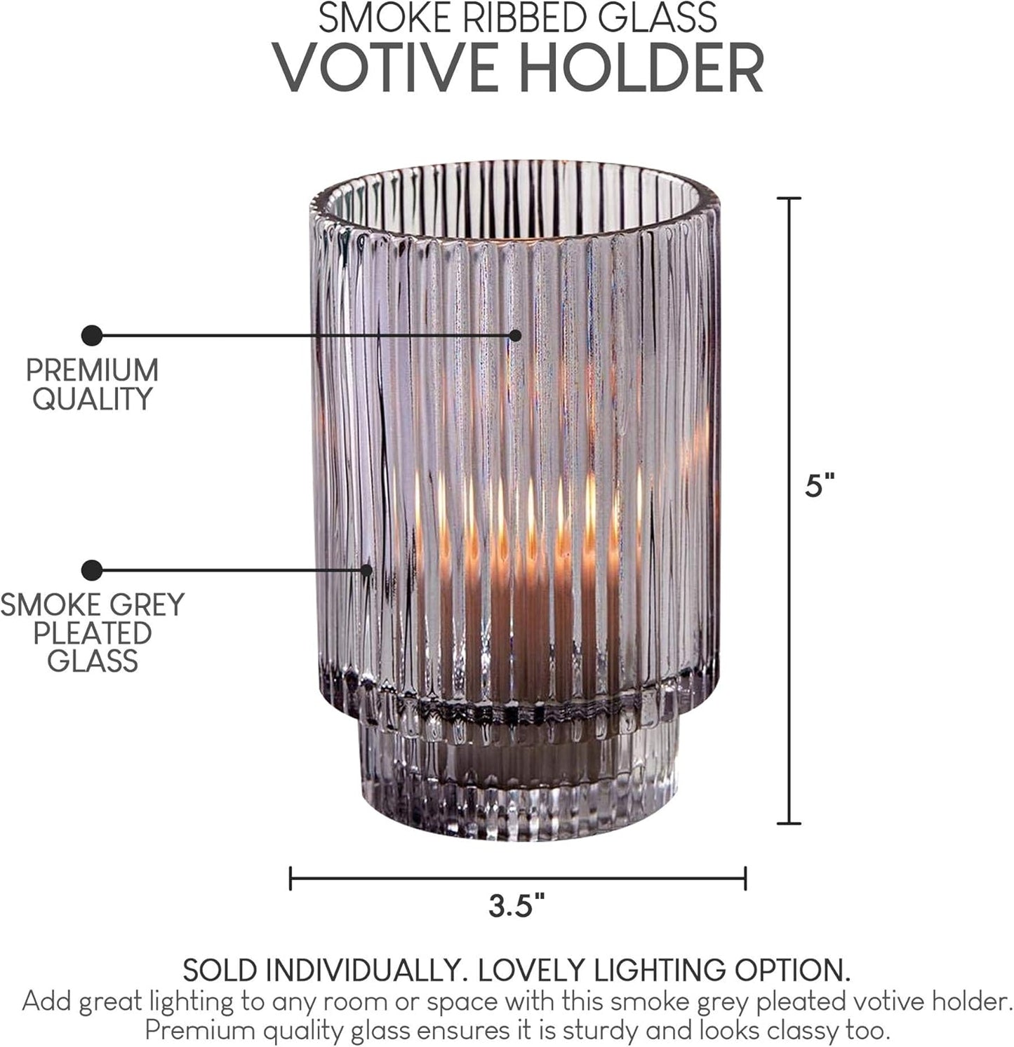Serene Spaces Living Smoke Ribbed Glass Votive Holder, Perfect for Weddings and Home Décor, Measures 5" Tall and 3.25" Diameter
