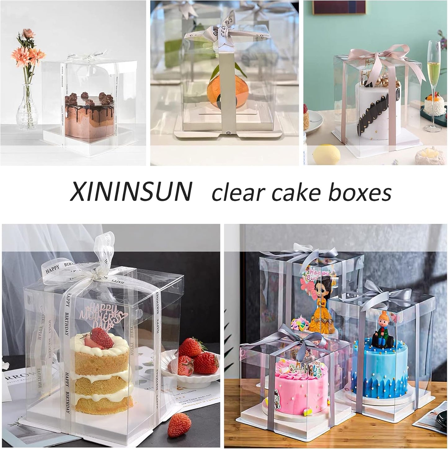 XININSUN 14x14x12inch clear cake box with ribbon,12inch14inch tall cake boxes for tiered cakes,layer cake carrier,disposable cake containers for wedding birthday party and gift display-White
