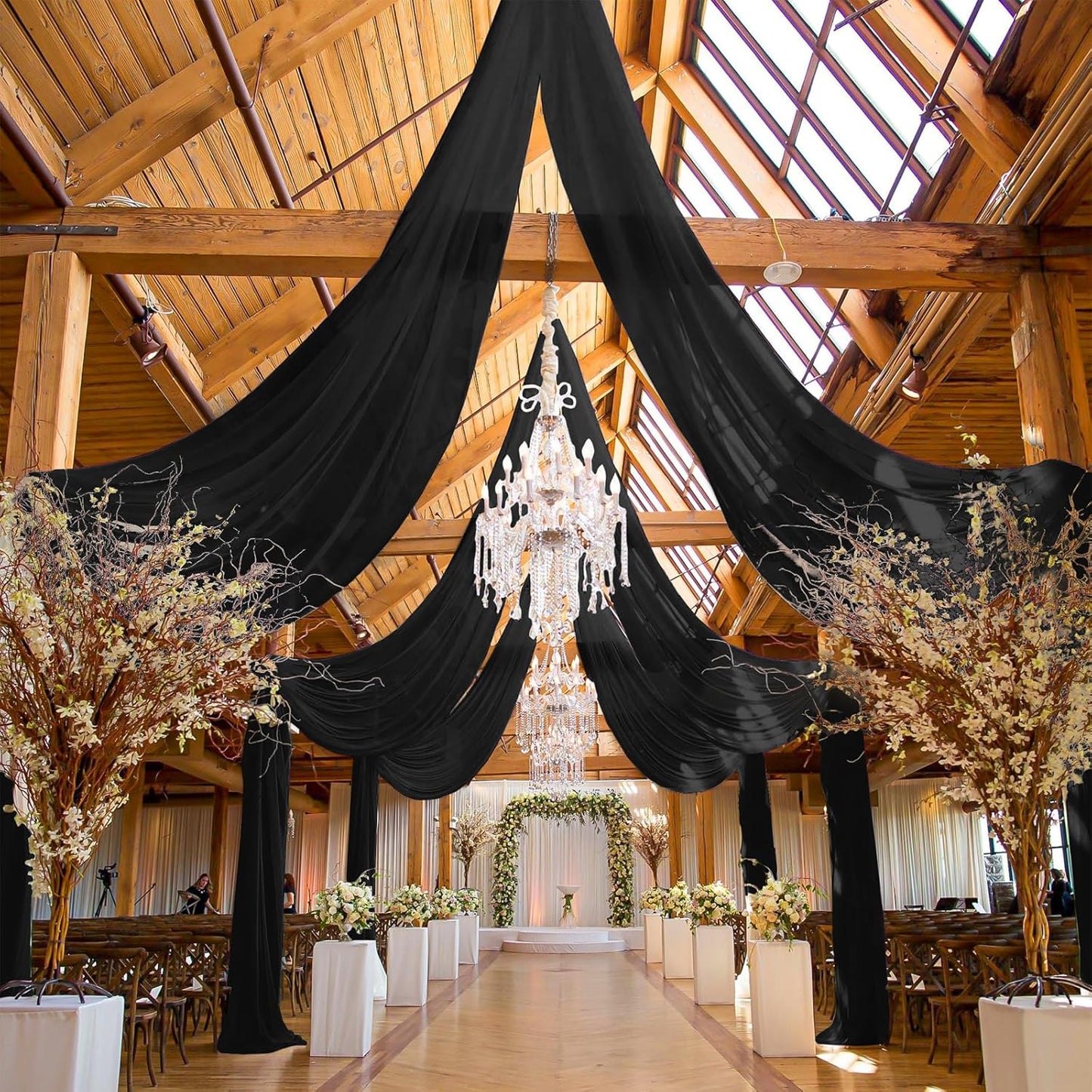 6 Panels Black Ceiling Drapes for Wedding, 5ftx15ft Ceiling Drapes Cheesecloth Sheer Fabric Curtain Wedding Arch Draping Fabric Romantic Ceilings Decorations for Weddings Party Ceremony Stage