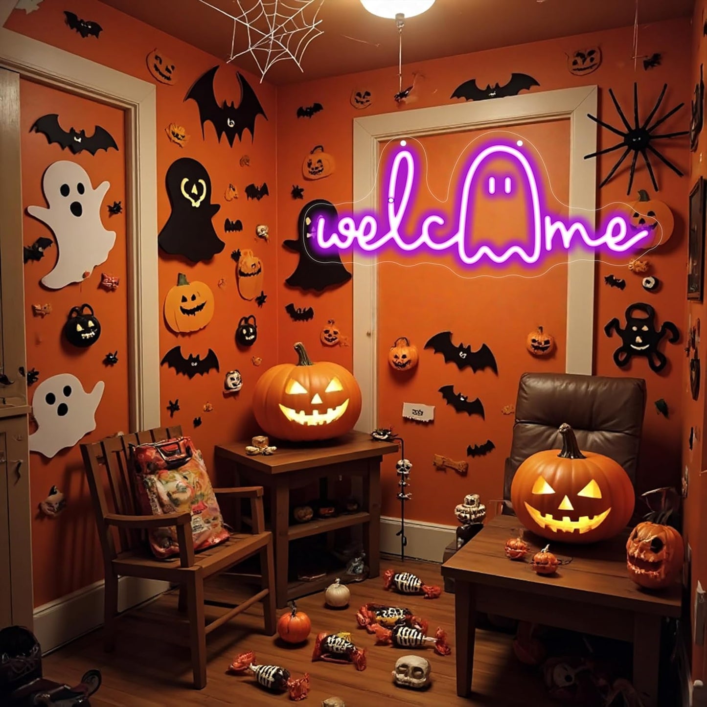 Halloween Welcome Ghouls Neon Sign, Spooky Ghost LED Halloween Decor, Haunted House Entryway Light, Available Gothic Haunted Mansion Light for Bedroom Bar Cave Room Decor Party Home-Purple