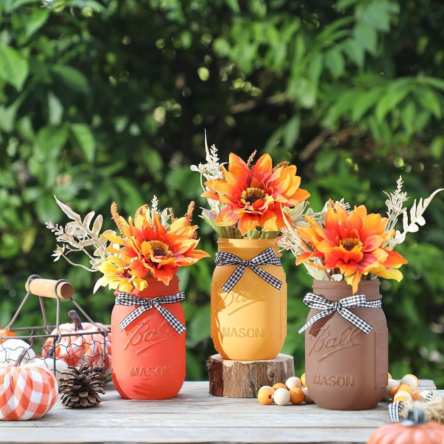 Fall Mason Jar Centerpiece for Table with Artificial Flowers, Set of 3 Thanksgiving Mason Jars Farmhouse Painted Decorative Jars for Thanksgiving Fall Home Decor, Thanksgiving Dinner Table Centerpiece