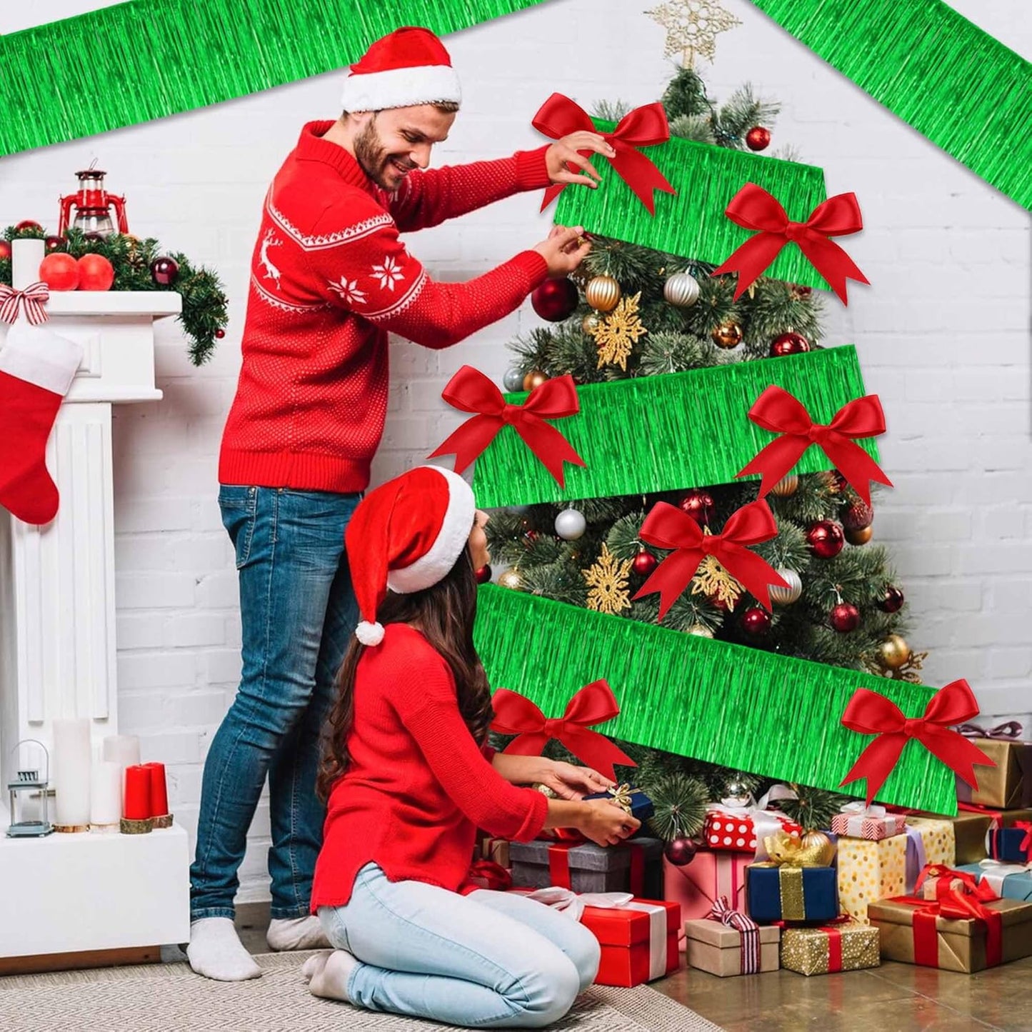 6 Pack 10 Ft Green Foil Fringe Garland Metallic Streamers Tinsel Banner Wall Hanging Garland Backdrop for Parade Floats, Halloween, Christmas, Thanksgiving, New Year Party Decorations