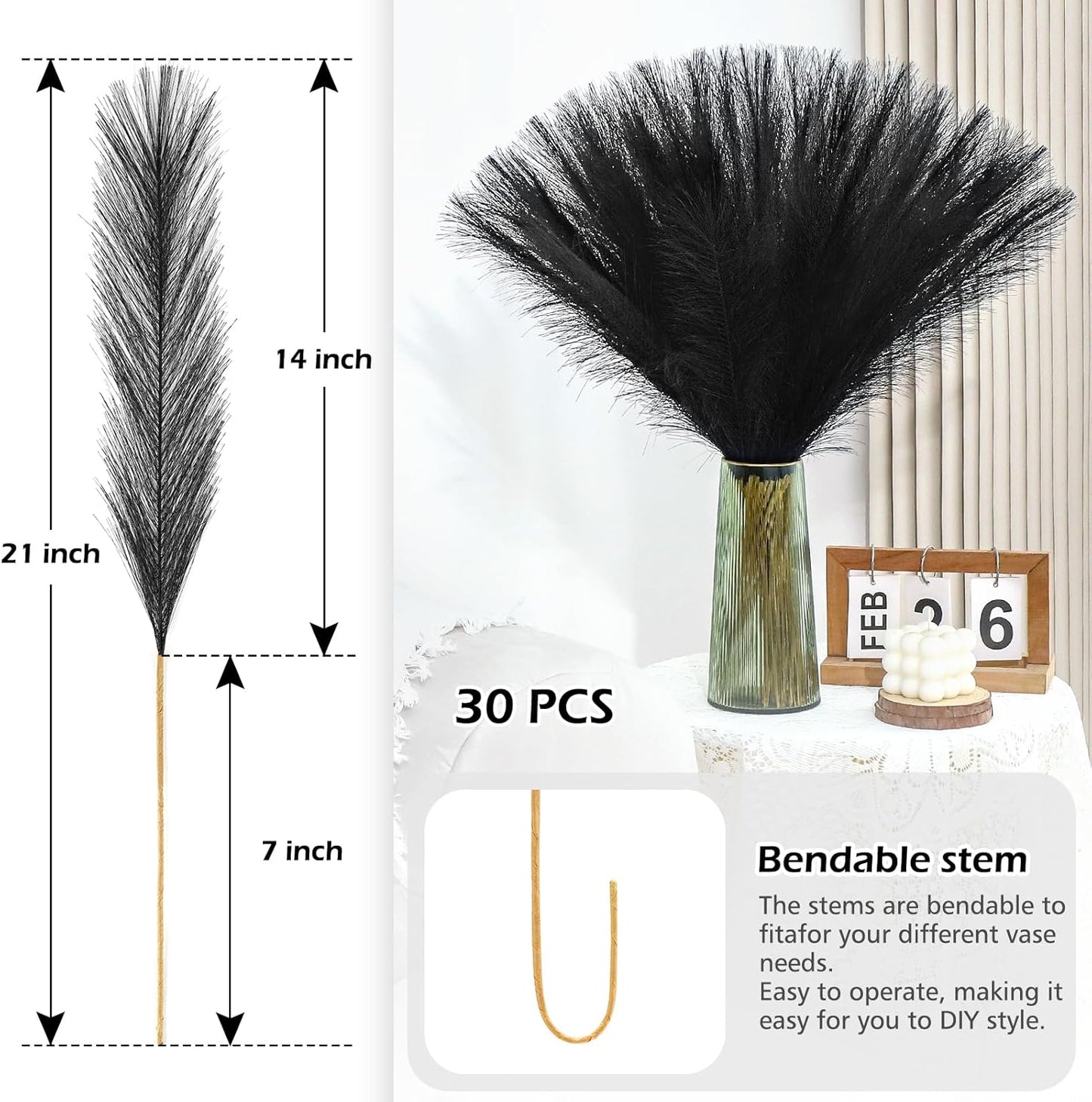 Black Pampas Grass Decor 30 Pcs 21.7 Inch Faux Pampas Grass Bulk Artificial Dried Flowers Small Vase Filler Pompas Grass.