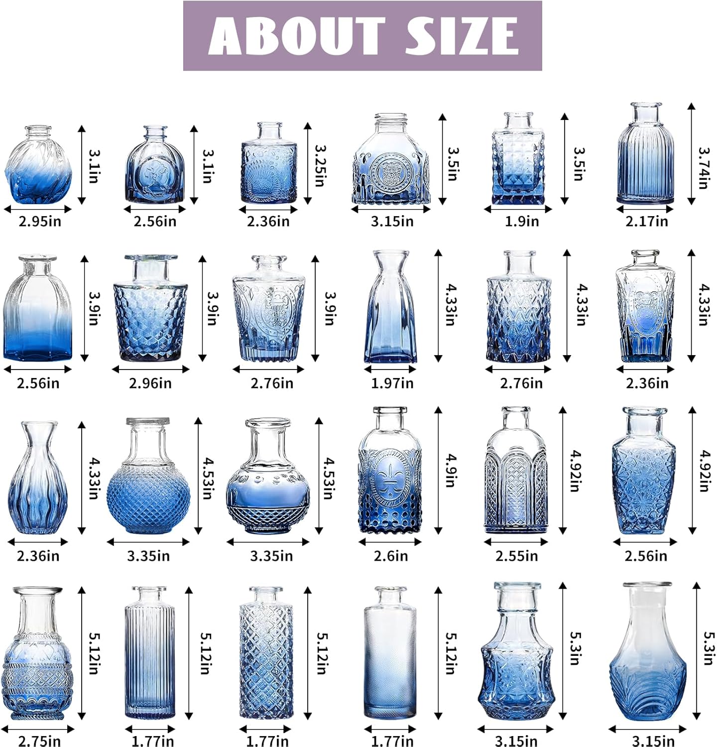 Bud Vases Set of 24, Gradient Blue Vintage Small Vases for Flowers, Clear Crystal Mini Glasses in Bulk, Small Flower Design for Centerpieces Wedding Home Flower Party Decor
