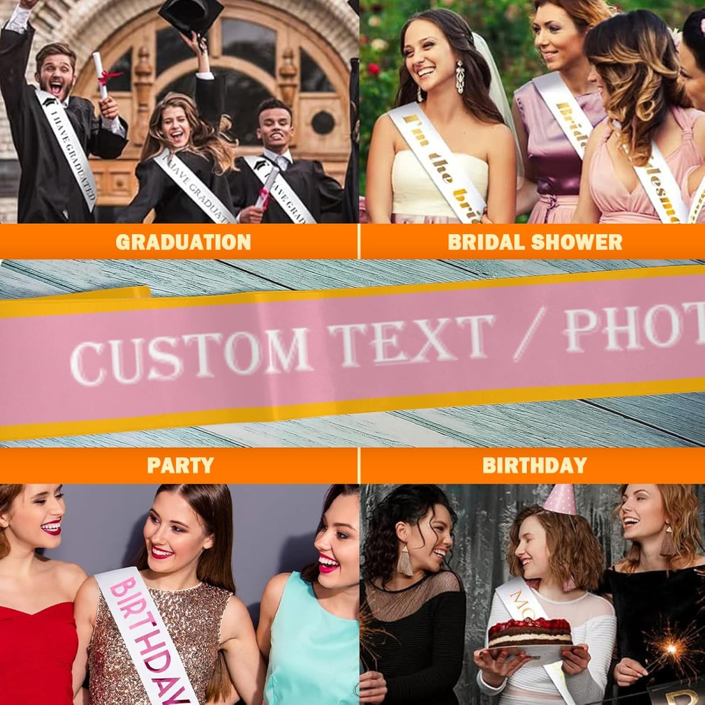 Custom Sash,Personalized Birthday Sash with Text Photo,Customized Bachelorette Sash Quote Sash Bride to Be Sash Color Optional (With decorative edge, Pink)