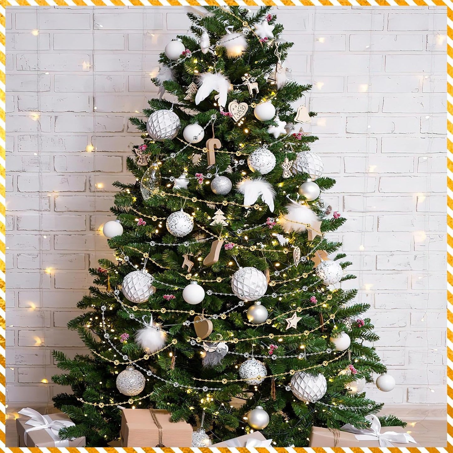 JULBEAR Beads Garland Decoration,1 Rolls 131 Feet Gold Christmas Pearl Strands Chain Bead Garland for Christmas Tree Fireplace Wreath Gift Bouquet Crafts Wrapping Wedding Party Centerpieces Decoration