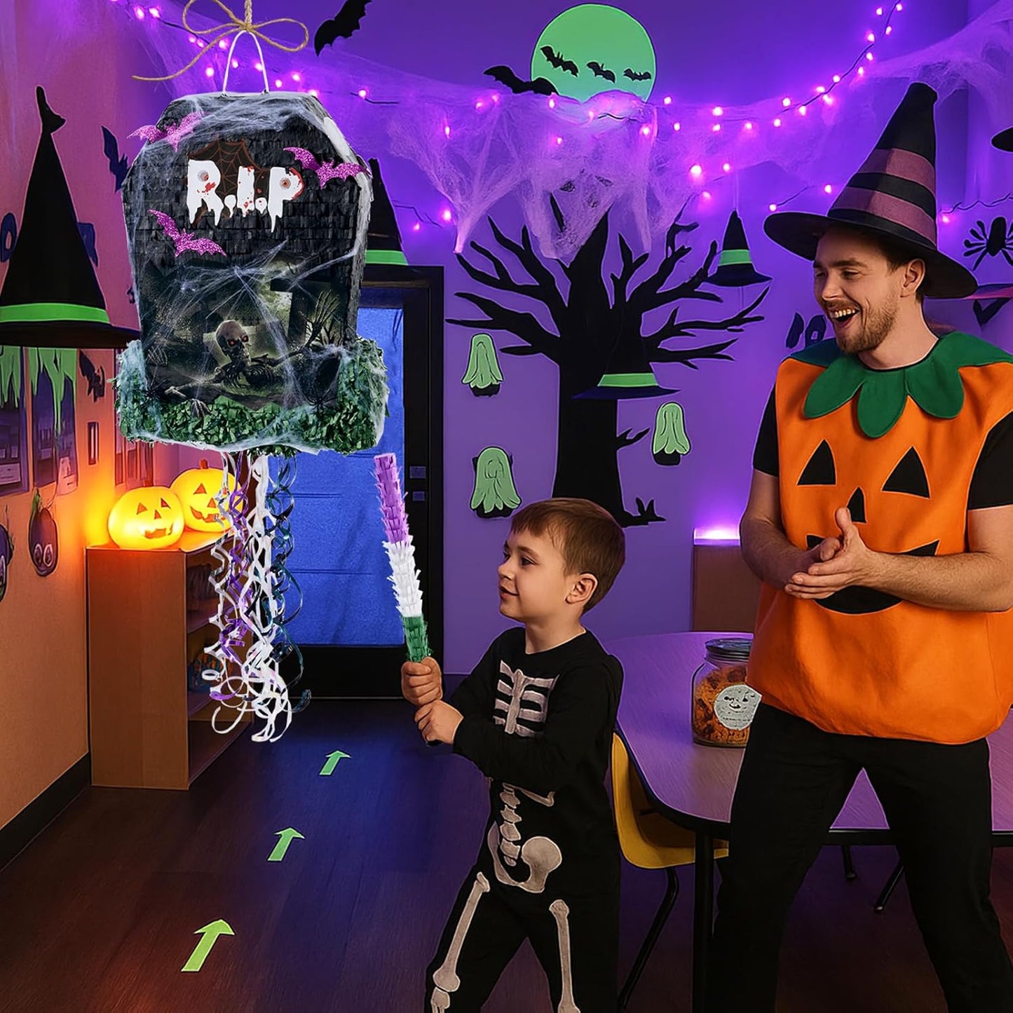 WERNNSAI Halloween Tombstone Piñata - Tombstone Bat Pinata Halloween Party Decor Favors for Kids Birthday Games Rip to Adults Birthday Decorations with Bat Blindfold