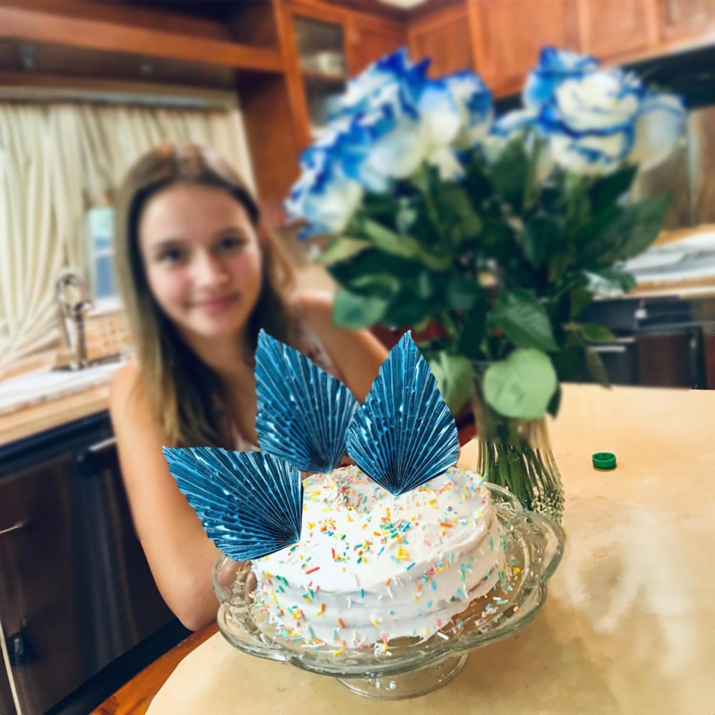 Ephlyn 6Pcs Paper Palm Leaves Fan Cake Toppers Palm Leaf Fan Cake Picks Craft DIY Fan Cupcake Toppers Palm Spear Leaves Cake Decorations for Baby Shower Wedding Birthday Party Supplies Bright Blue