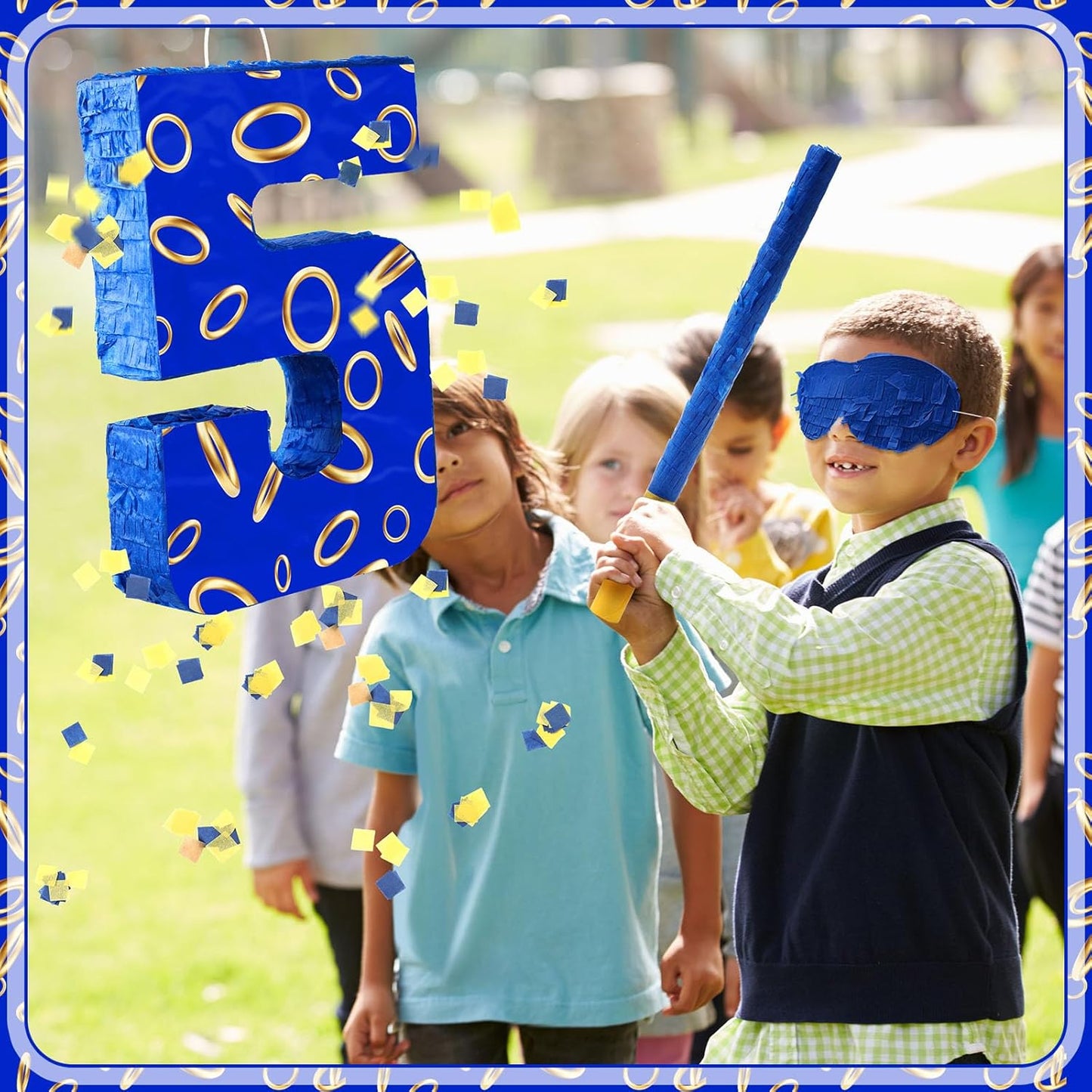 Number 5 Blue and Golden Rings Piñata for Kids Birthday Cartoon Theme Small Piñata with Blindfold Stick Confetti for Fiesta Cinco De Mayo Party Decor, 15.8 x 11 x 2.8 Inch
