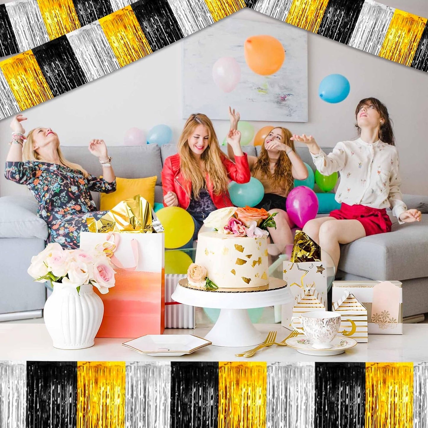 6 Pack 10 Ft Black Gold Silver Foil Fringe Garland Metallic Streamers Tinsel Banner Wall Hanging Garland Backdrop for Parade Floats, Halloween, Christmas, Thanksgiving, New Year Party Decorations