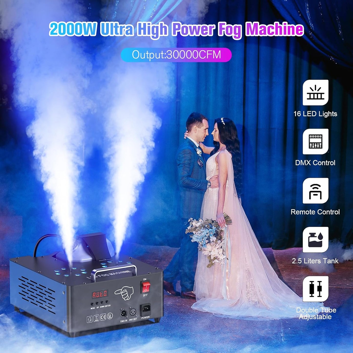 2000W Professional Fog Machine Dual Nozzle with 16 RGB LED, DMX Control Adjustable Smoke Direction, 2.5L Tank LCD Display 30000CFM for Halloween Christmas Stage DJ Party Club Events-8PC