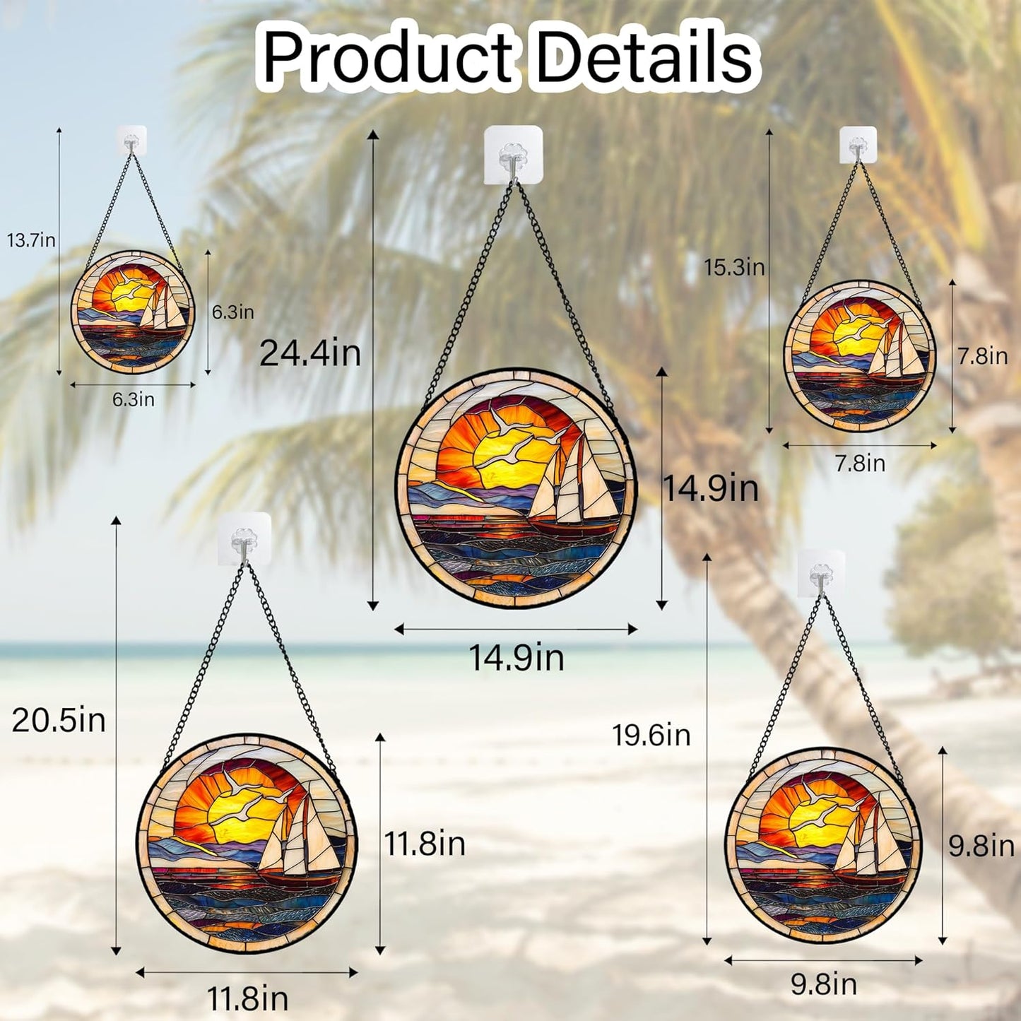 Stained Glass Window Hanging, Sun Ocean Sailboat Seagull Abstract Suncatcher Diamond Glass Panel Sun Catchers Decor for Birthday for Women, Men, Wife, Aunt, and Mom 14.9x14.9 in