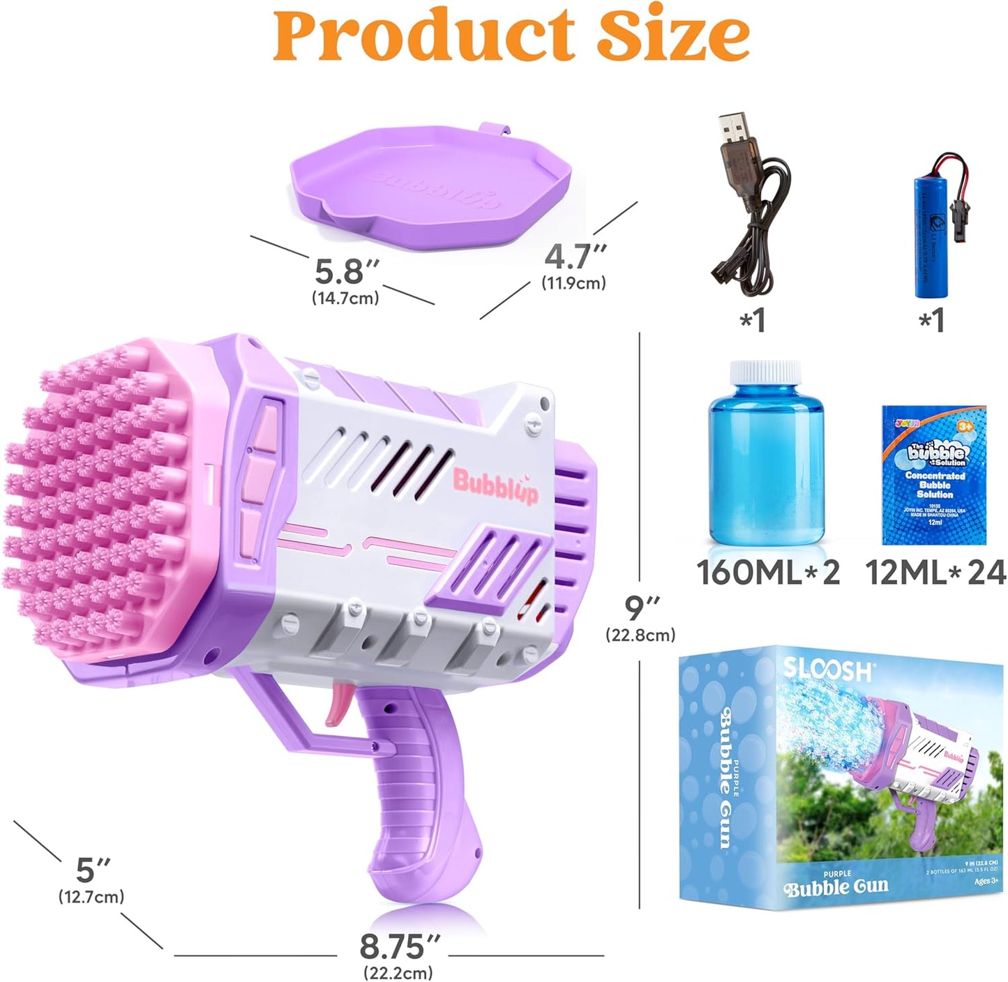 Sloosh Bubble Machine Gun W/Solution for Kids Ages 4-8, Light-Up Bazooka Rocket Shape Bubble Guns Blaster for Outdoor, Summer Toys Gifts, Party, Wedding, Easter